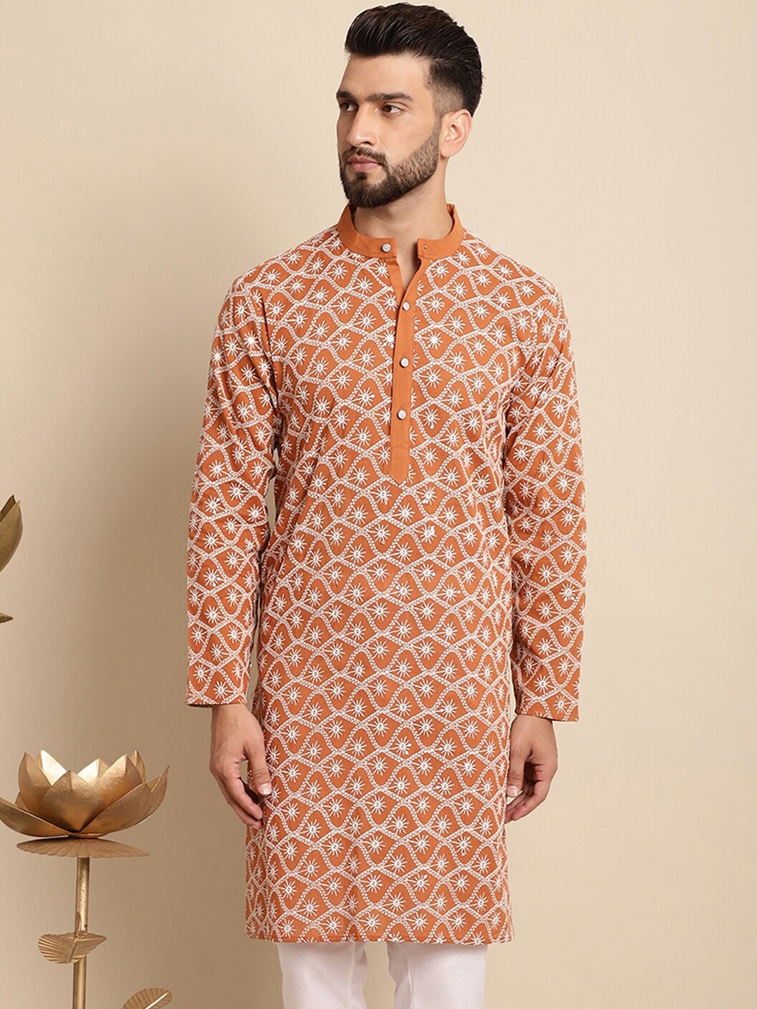 

Anouk Ethnic Motifs Embroidered Band Collar Cotton Regular Kurta, Orange