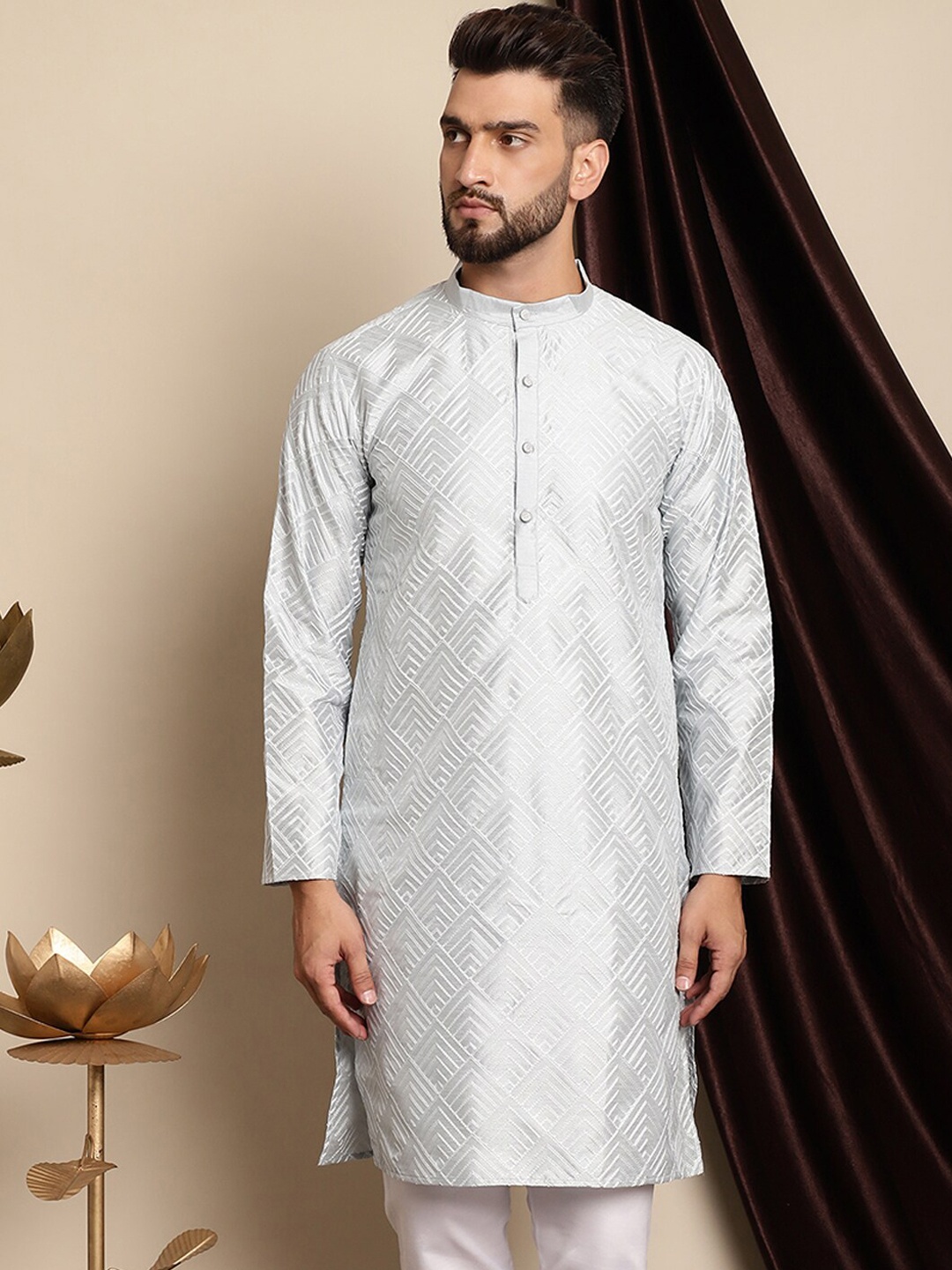 

Anouk Geometric Embroidered Band Collar Silk Cotton Regular Kurta, Grey