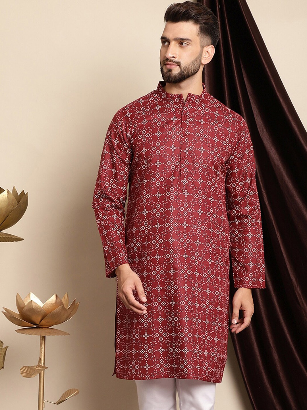 

Anouk Ethnic Motifs Printed Band Collar Cotton Linen Regular Kurta, Maroon