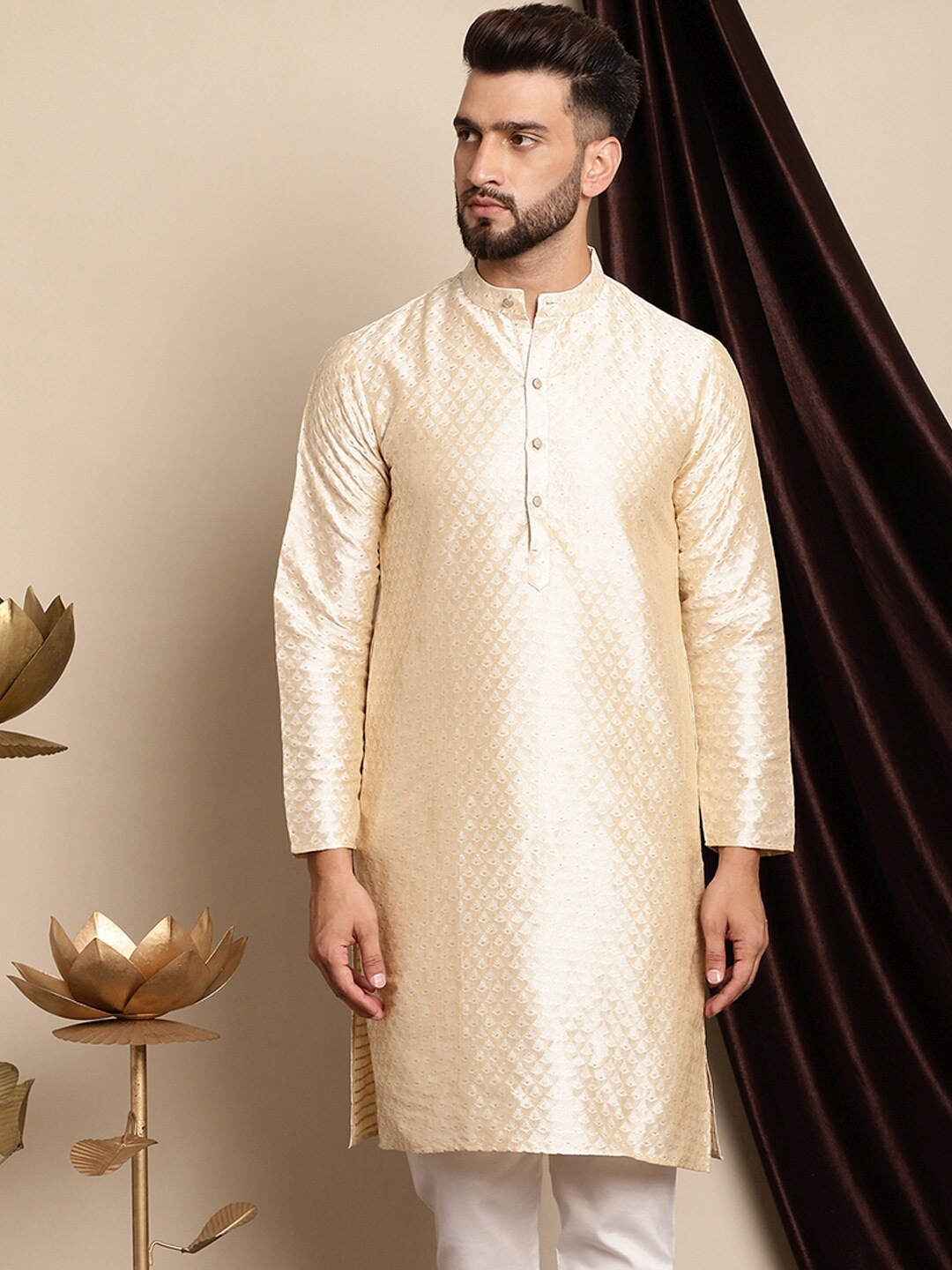 

Anouk Ethnic Motifs Woven Design Band Collar Silk Cotton Regular Kurta, Beige