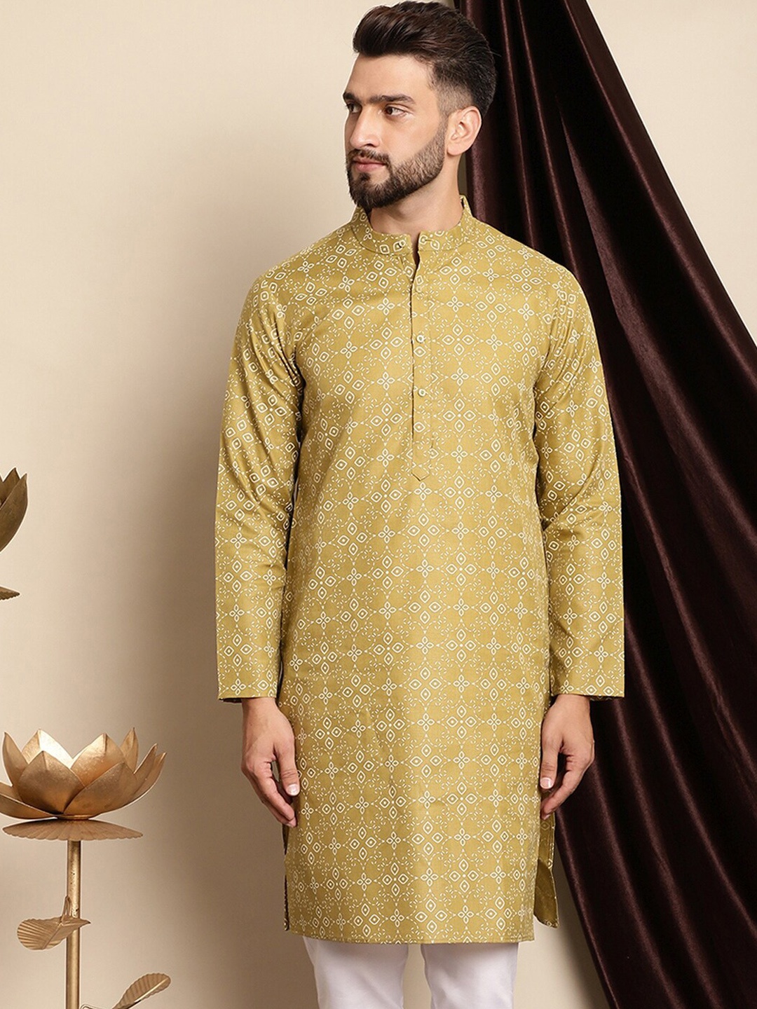 

Anouk Ethnic Motifs Printed Band Collar Cotton Linen Regular Kurta, Olive