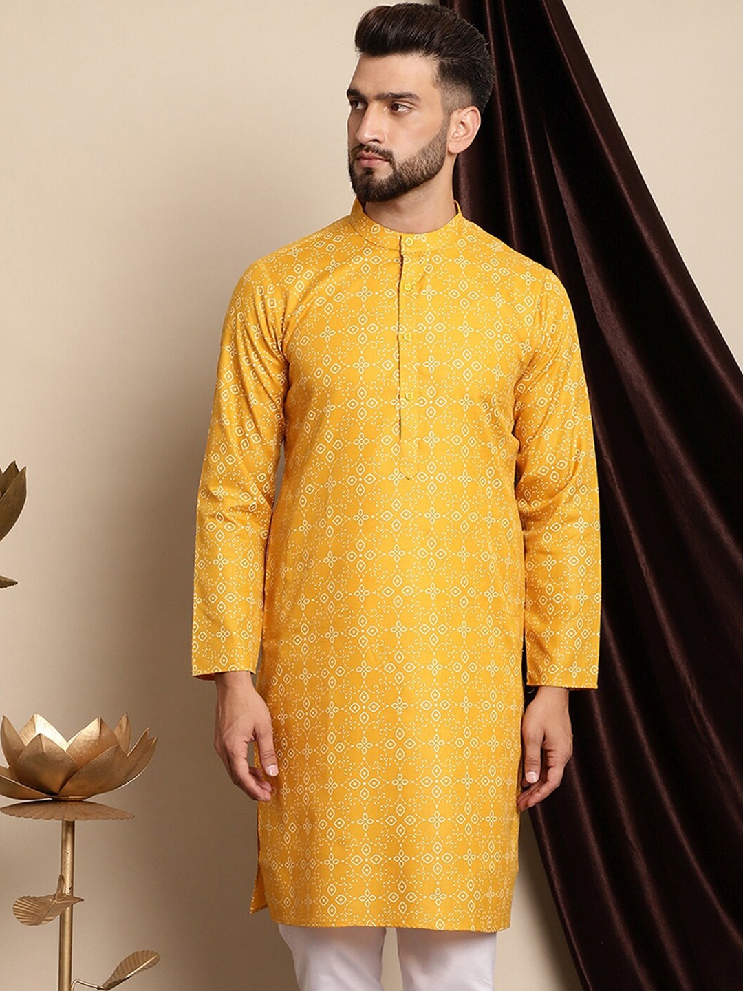 

Anouk Ethnic Motifs Printed Mandarin Collar Cotton Linen Kurta, Mustard