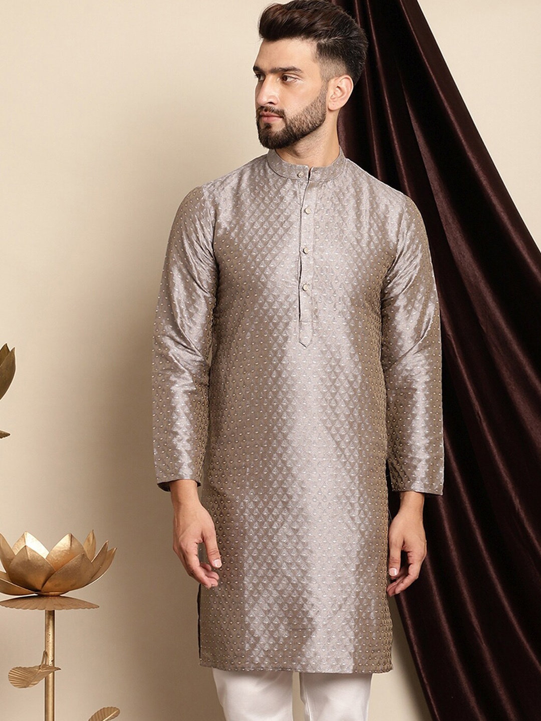 

Anouk Ethnic Motifs Woven Design Band Collar Silk Cotton Regular Kurta, Grey