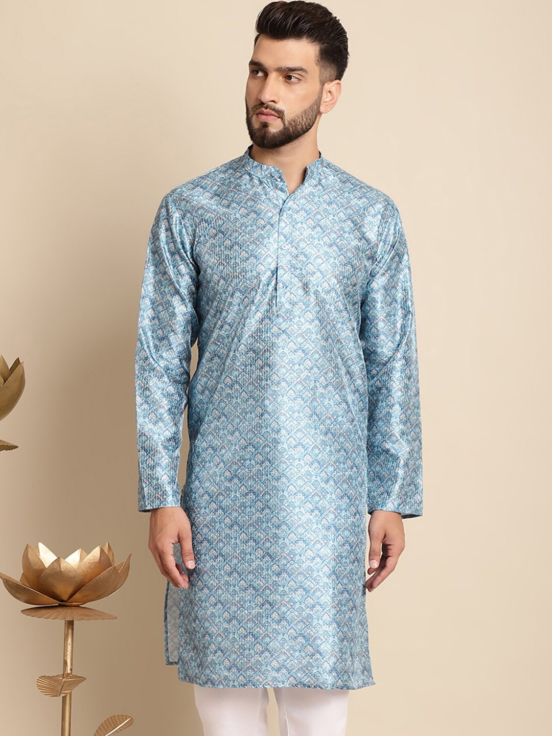 

Anouk Ethnic Motifs Woven Design Thread Work Jacquard Silk Kurta, Blue