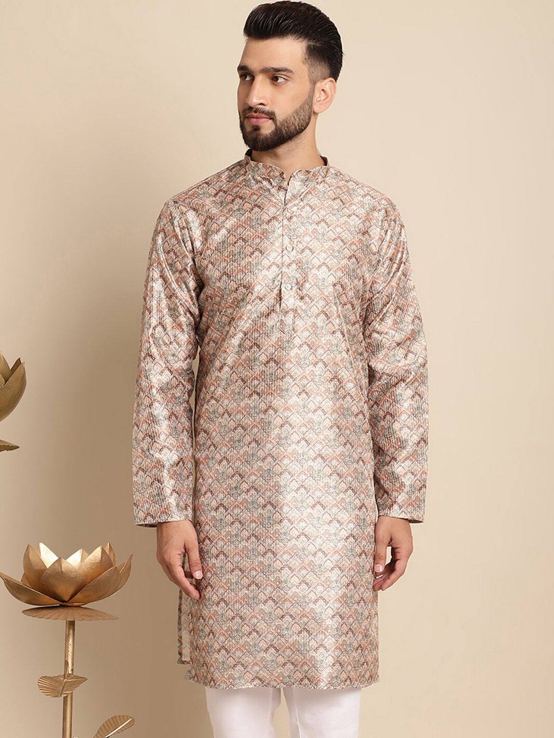 

Anouk Ethnic Motifs Woven Design Band Collar Silk Cotton Regular Kurta, Beige