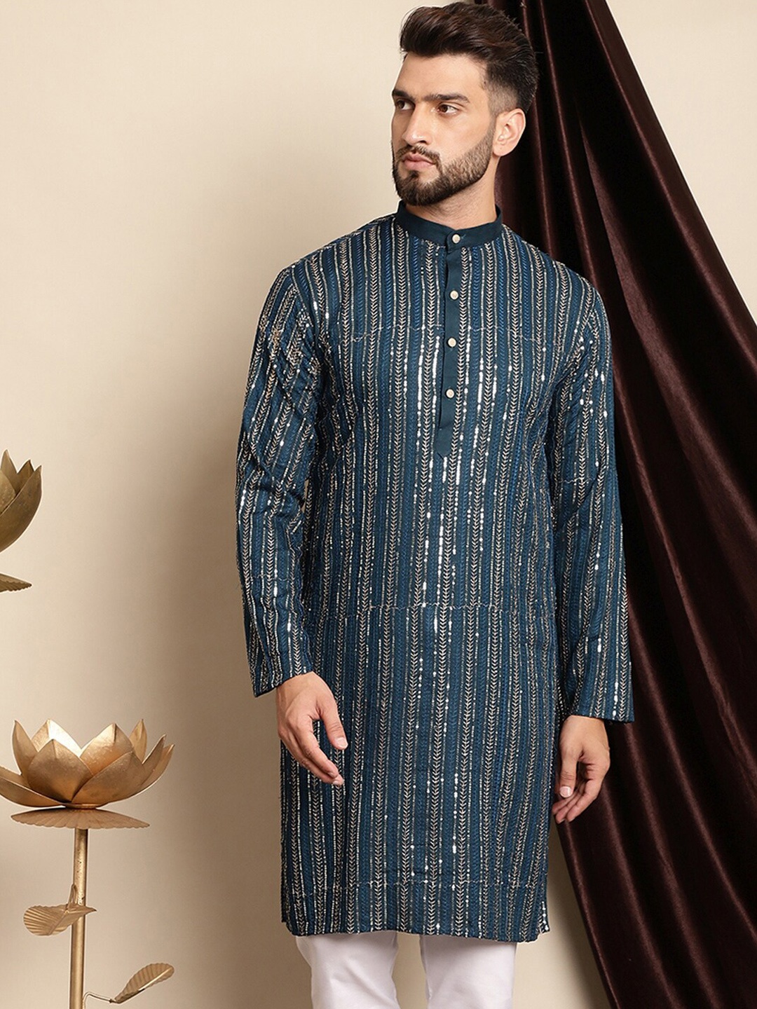 

Anouk Teal Blue Ethnic Motif Woven Design Sequined Cotton Straight Kurta