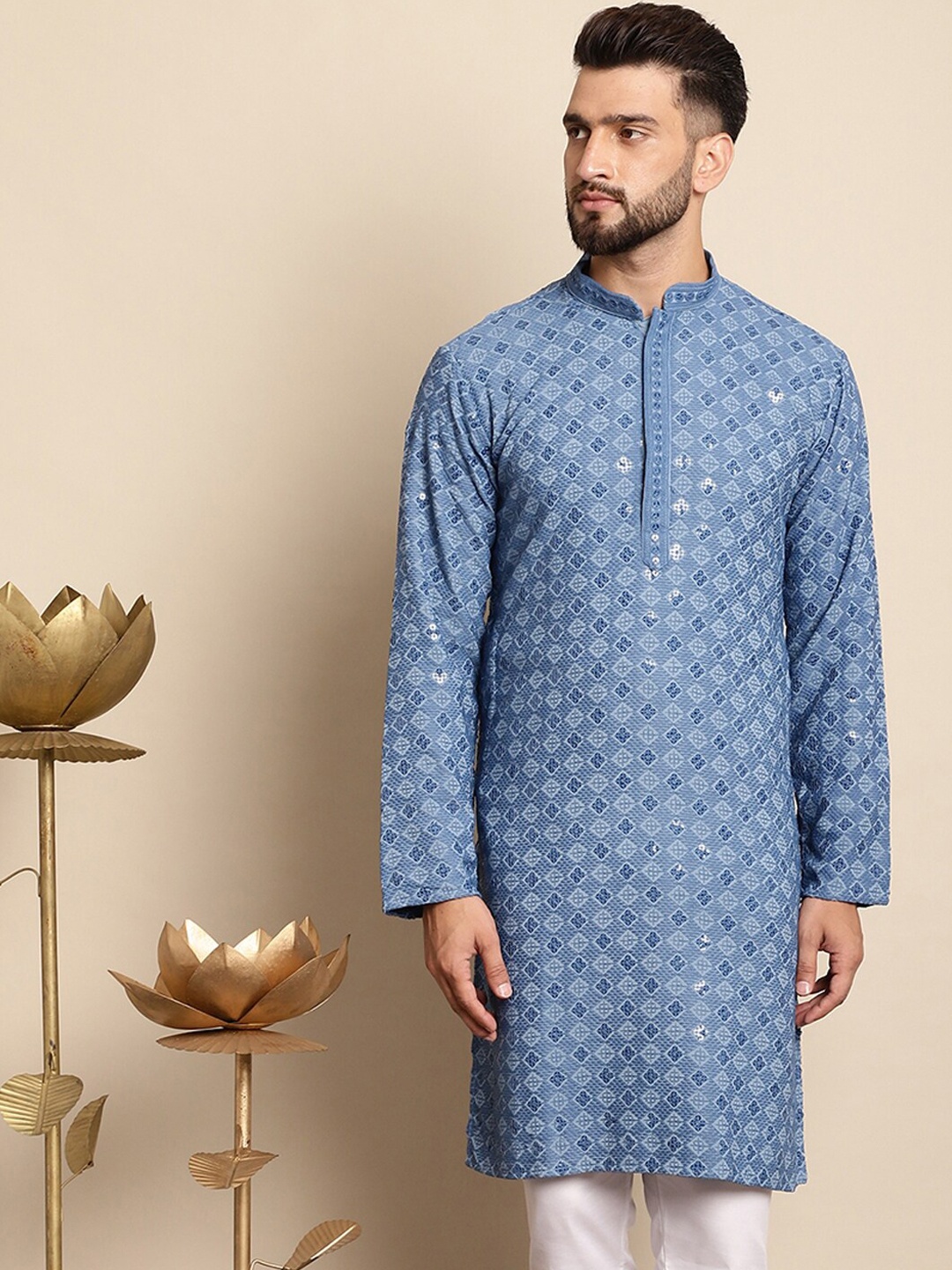 

Anouk Embellished Mandarin Collar Sequins Detail Cotton Straight Kurta, Blue