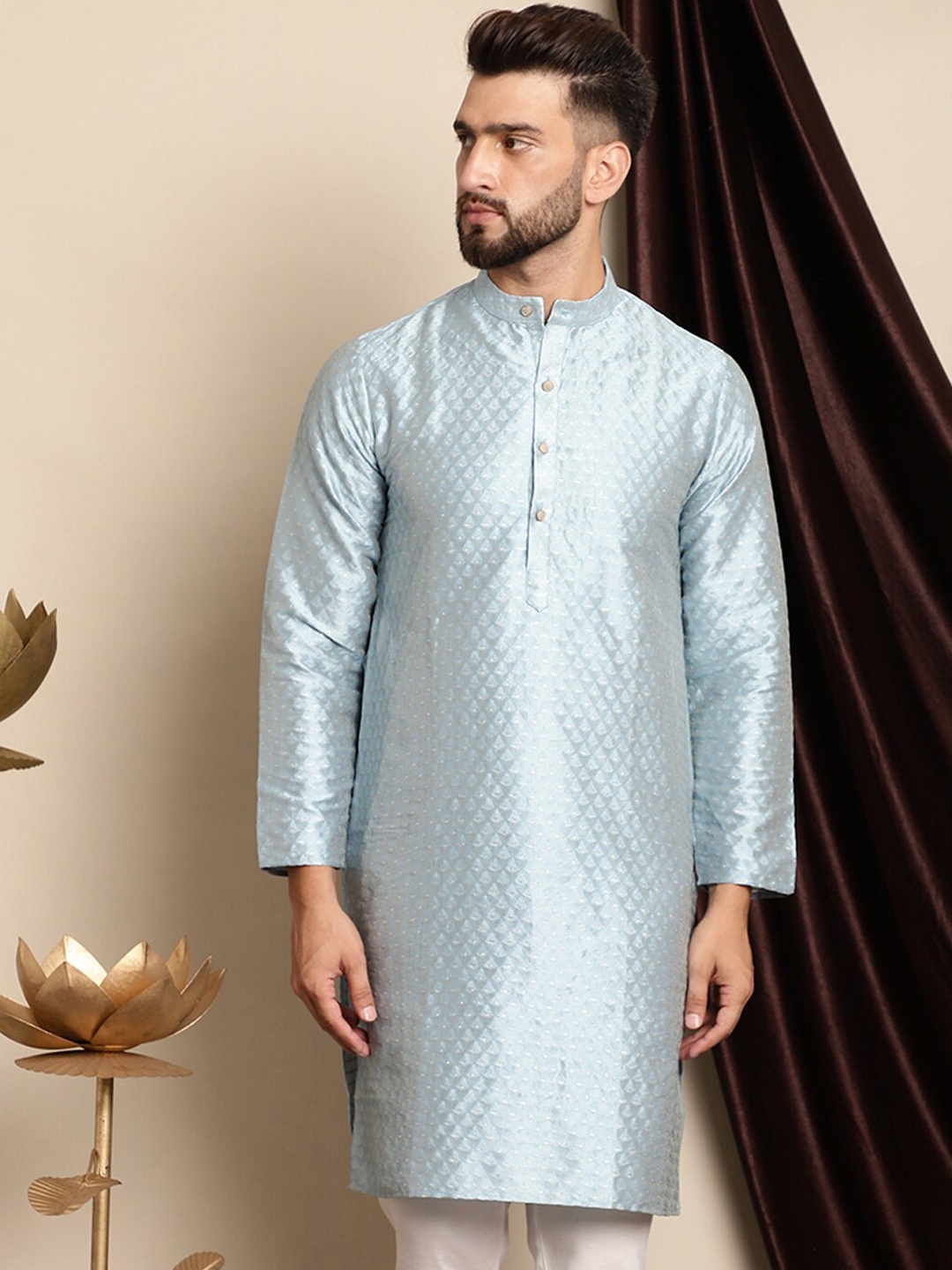 

Anouk Blue Ethnic Motif Woven Design Silk Cotton Straight Kurta