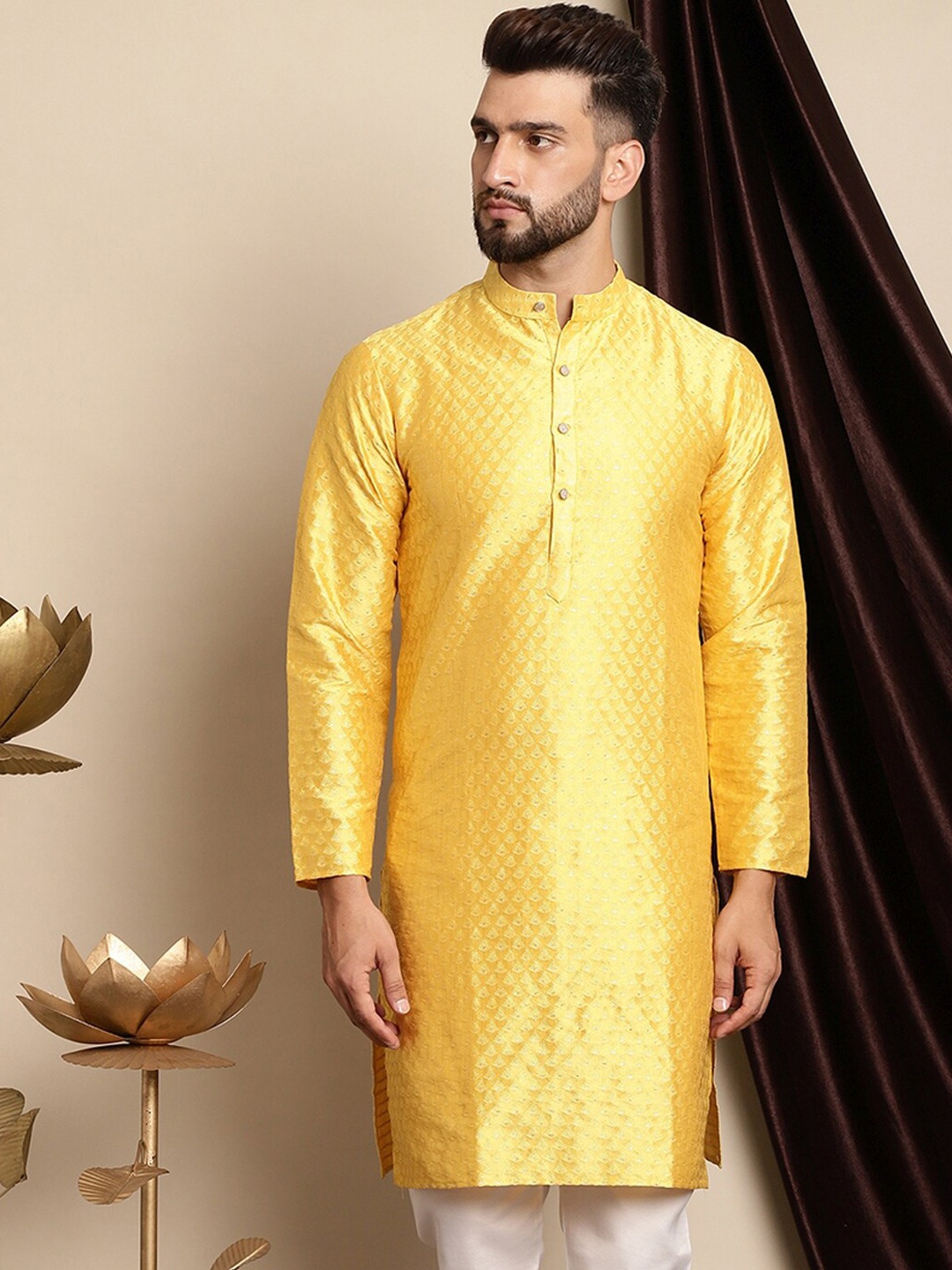 

Anouk Woven Design Band Collar Zari Silk Cotton Straight Kurta, Mustard