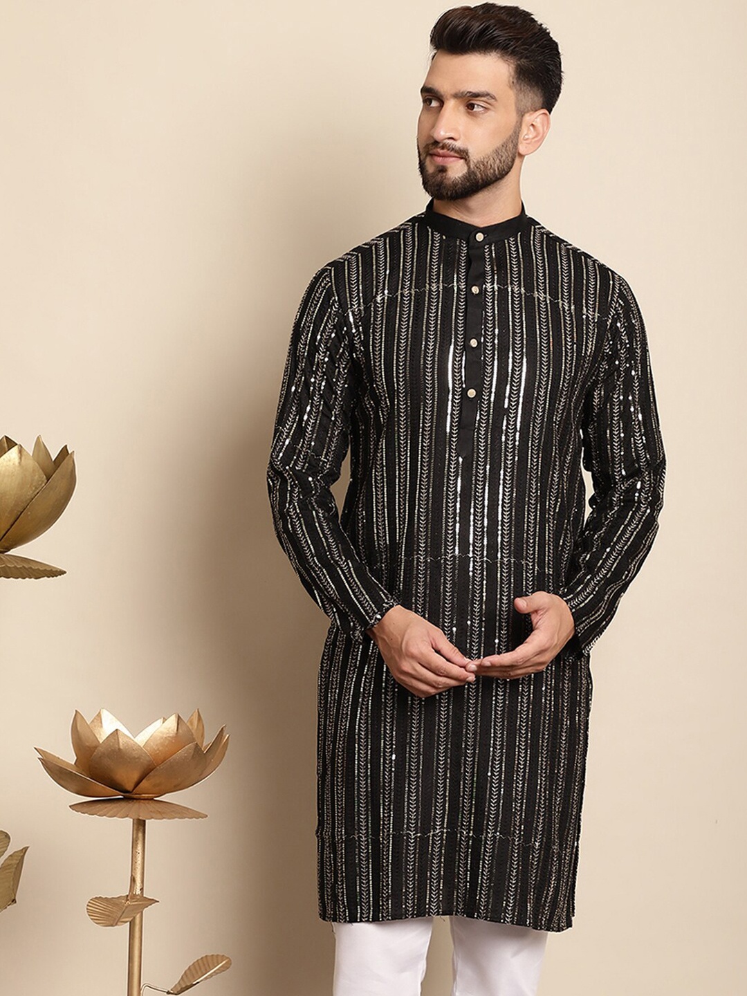 

Anouk Embellished Mandarin Collar Sequins Detail Cotton Straight Kurta, Black