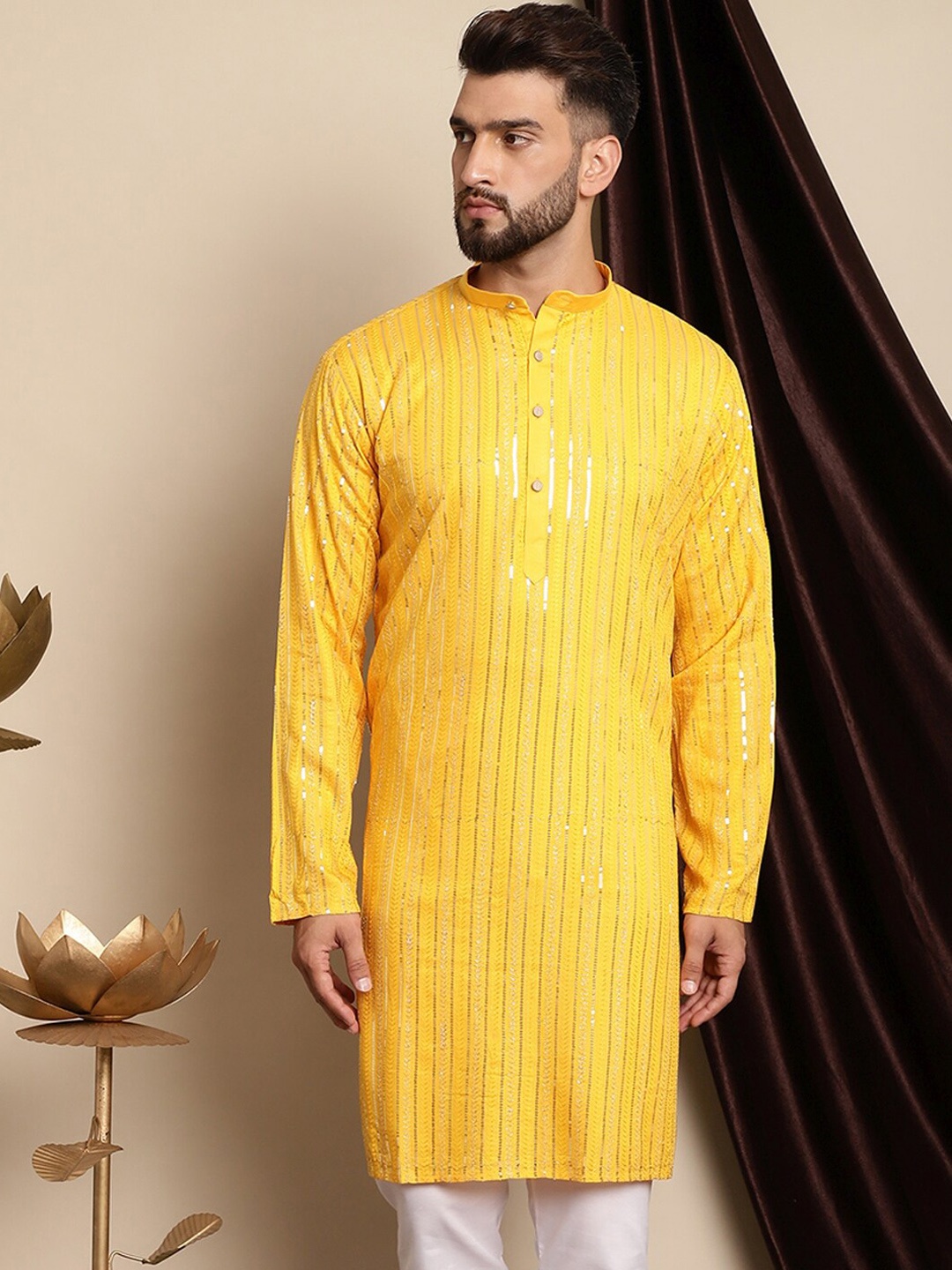 

Anouk Embellished Band Collar Sequins Detail Cotton Straight Kurta, Yellow