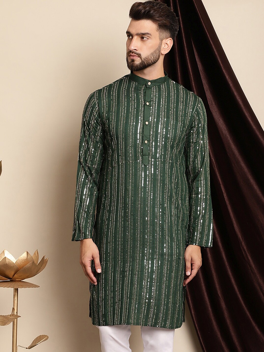 

Anouk Embellished Band Collar Sequins Detail Cotton Straight Kurta, Green