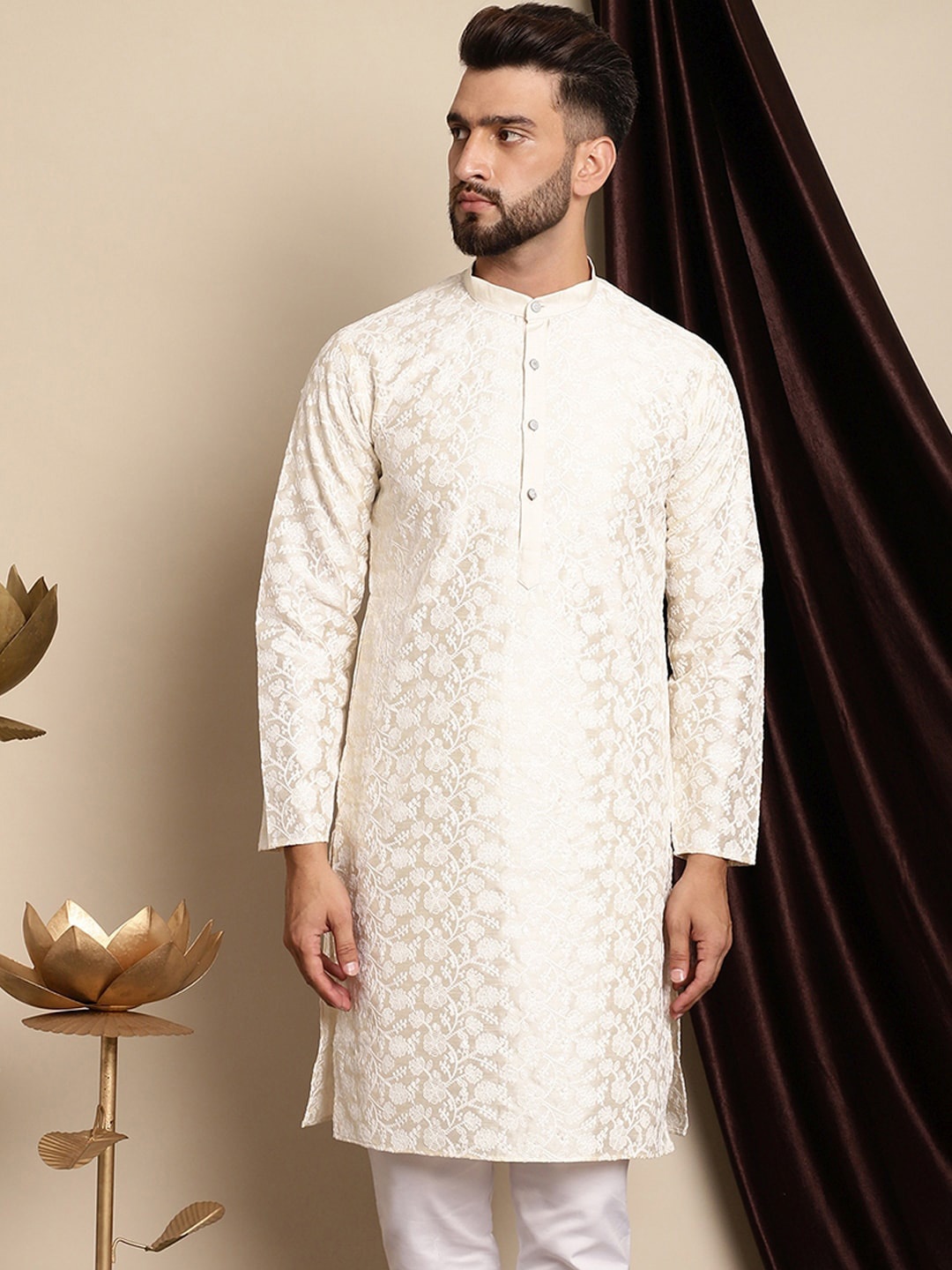 

Anouk Floral Embroidered Thread Work Mandarin Collar Kurta, Cream