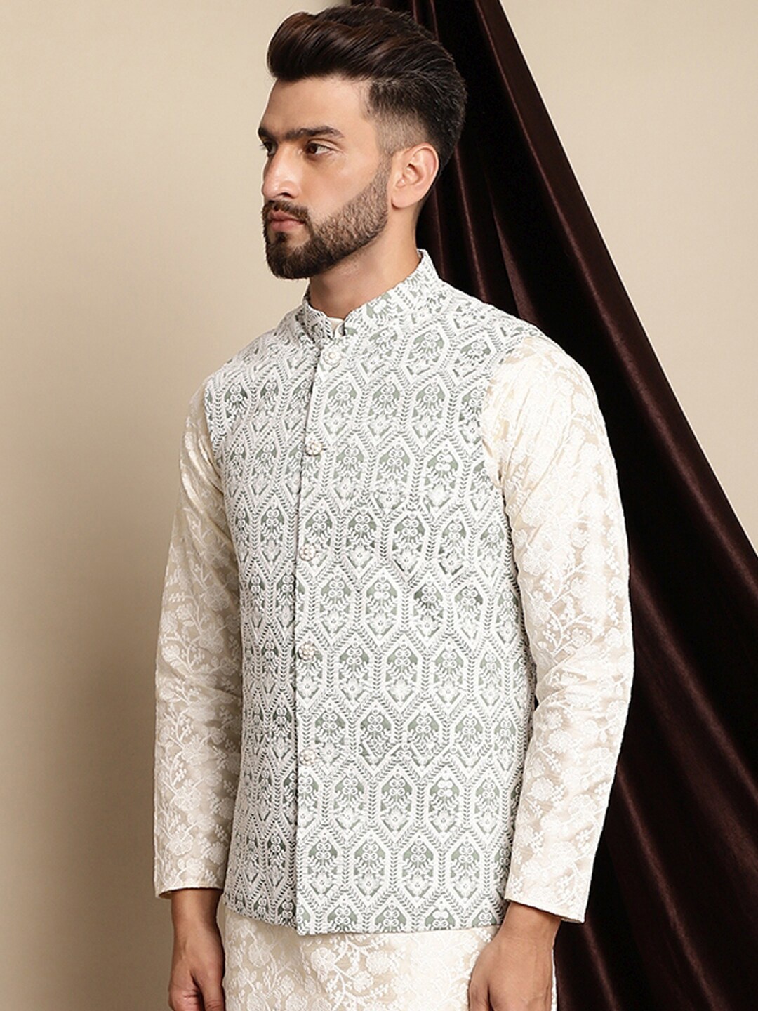 Anouk Embroidered Nehru Jacket, Green
