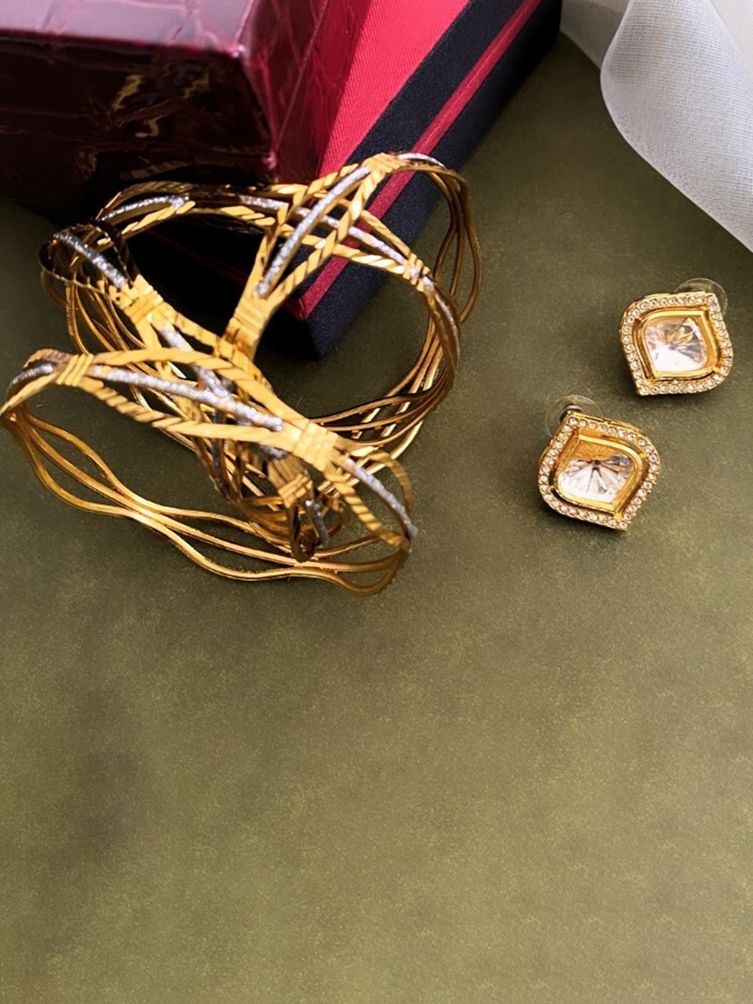 

ATIBELLE Gold-Plated Kundan-Studded Bangles and Earrings Jewellery Set