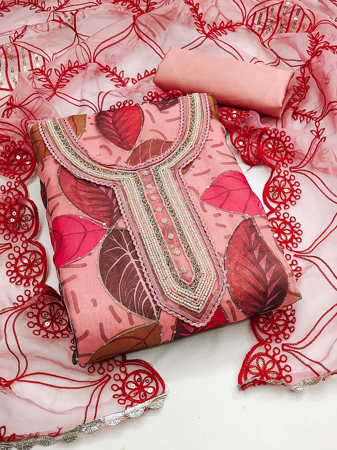 

KALINI Botanical Printed Beads and Stones Dress Material, Peach