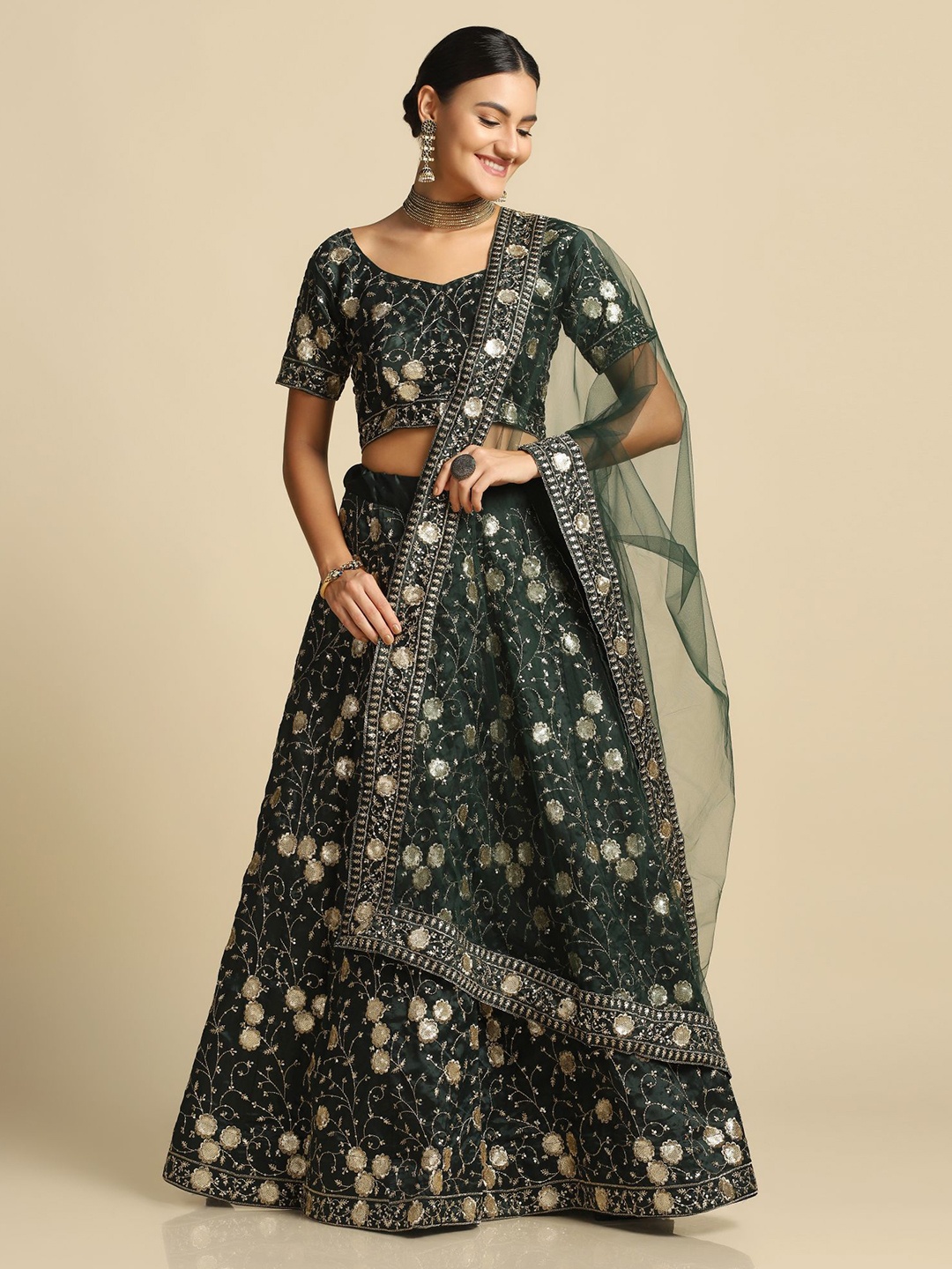 

KALINI Floral Embroidered Semi-Stitched Lehenga & Unstitched Blouse With Dupatta, Green