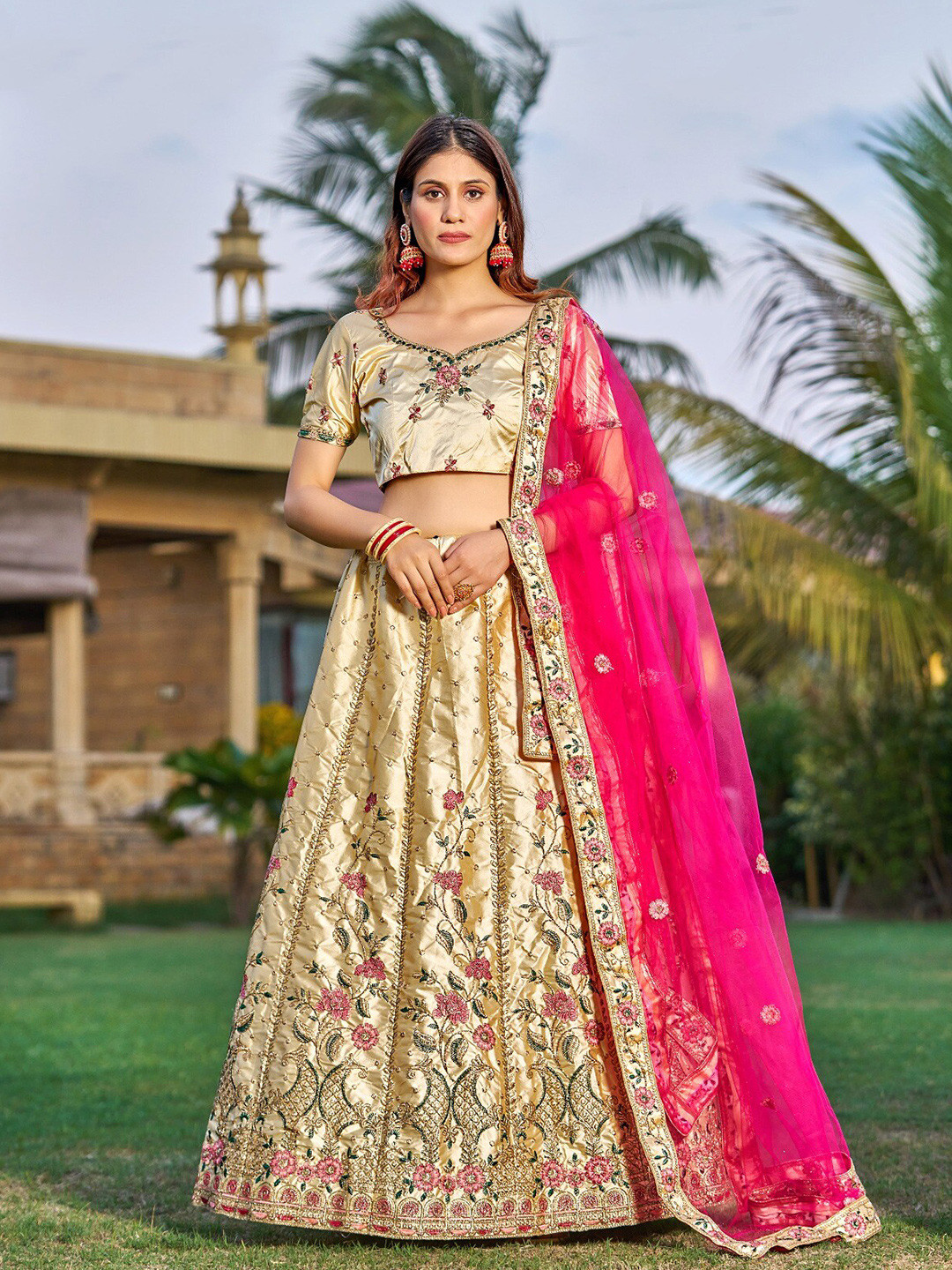 

KALINI Floral Embroidered Lehenga Choli, Cream