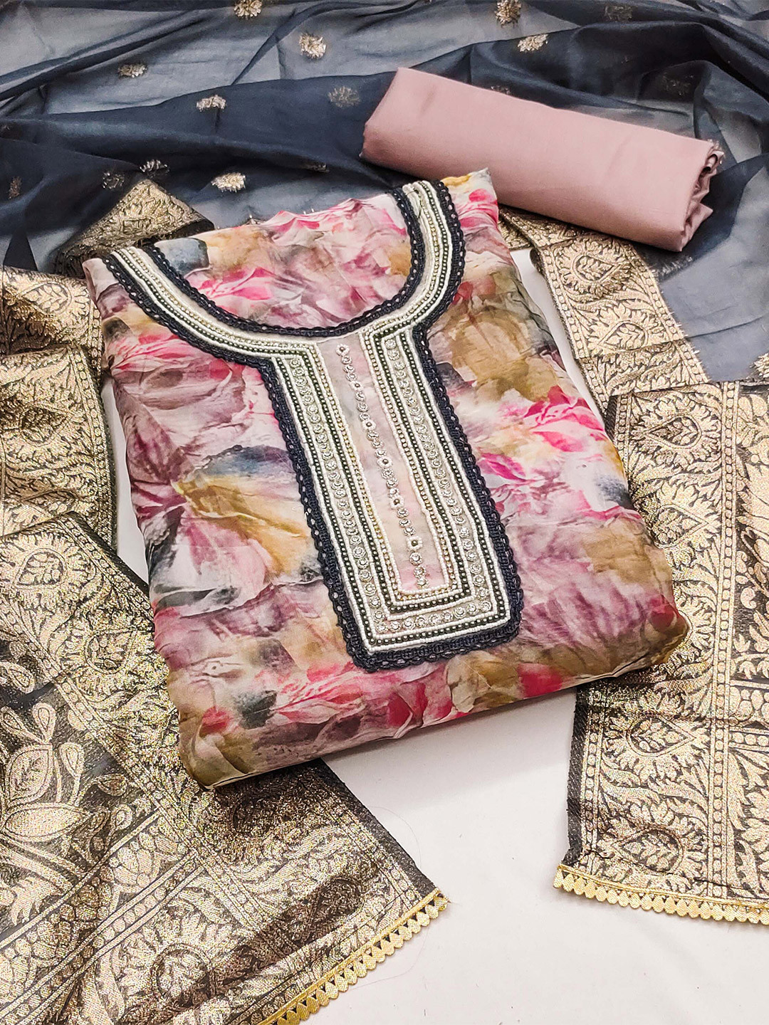 

KALINI Floral Printed Beads & Stones Embellished Unstitched Dress Material, Pink