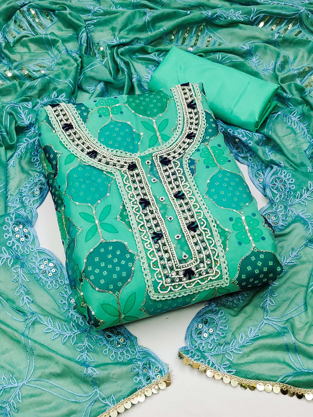 

KALINI Floral Printed Beads and Stones Dress Material, Green