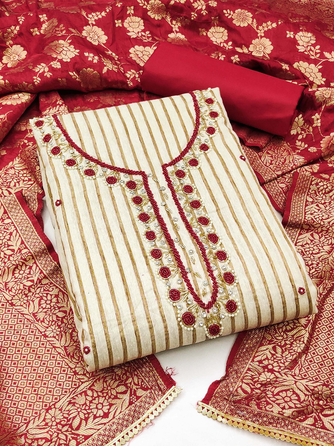 

KALINI Striped Beads & Stones Embellished Unstitched Dress Material, Cream