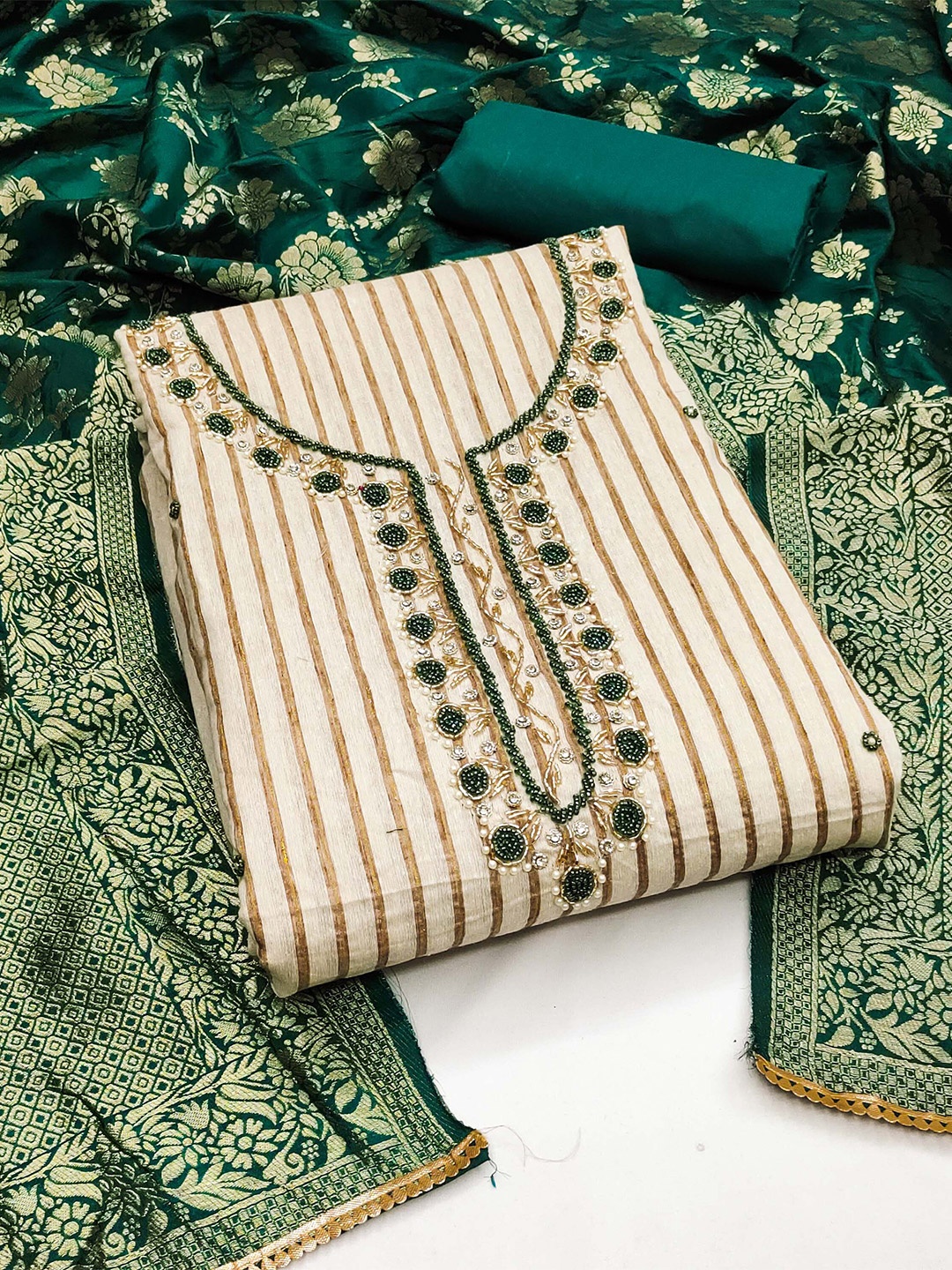 

KALINI Striped Beads & Stones Embellished Unstitched Dress Material, Cream