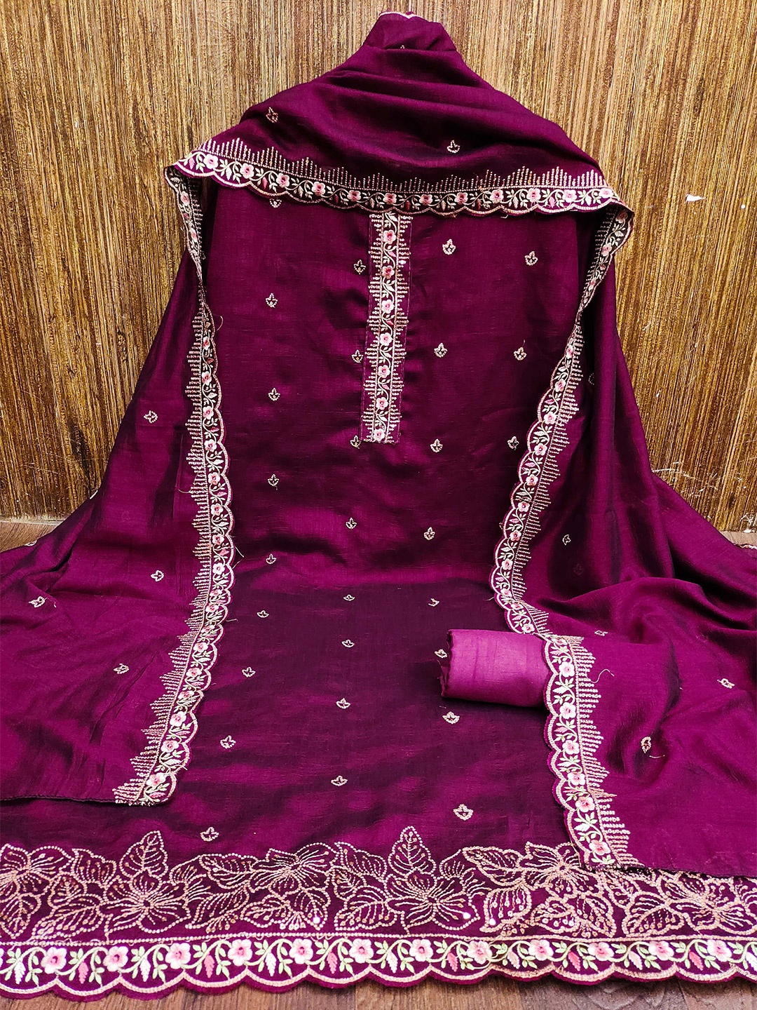 

MANVAA Ethnic Motifs Embroidered Sequined Unstitched Silk Dress Material, Purple