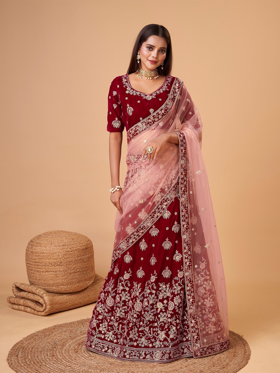 

Sarvayog Fashion Embroidered Velvet Semi-Stitched Lehenga & Unstitched Blouse With Dupatta, Maroon