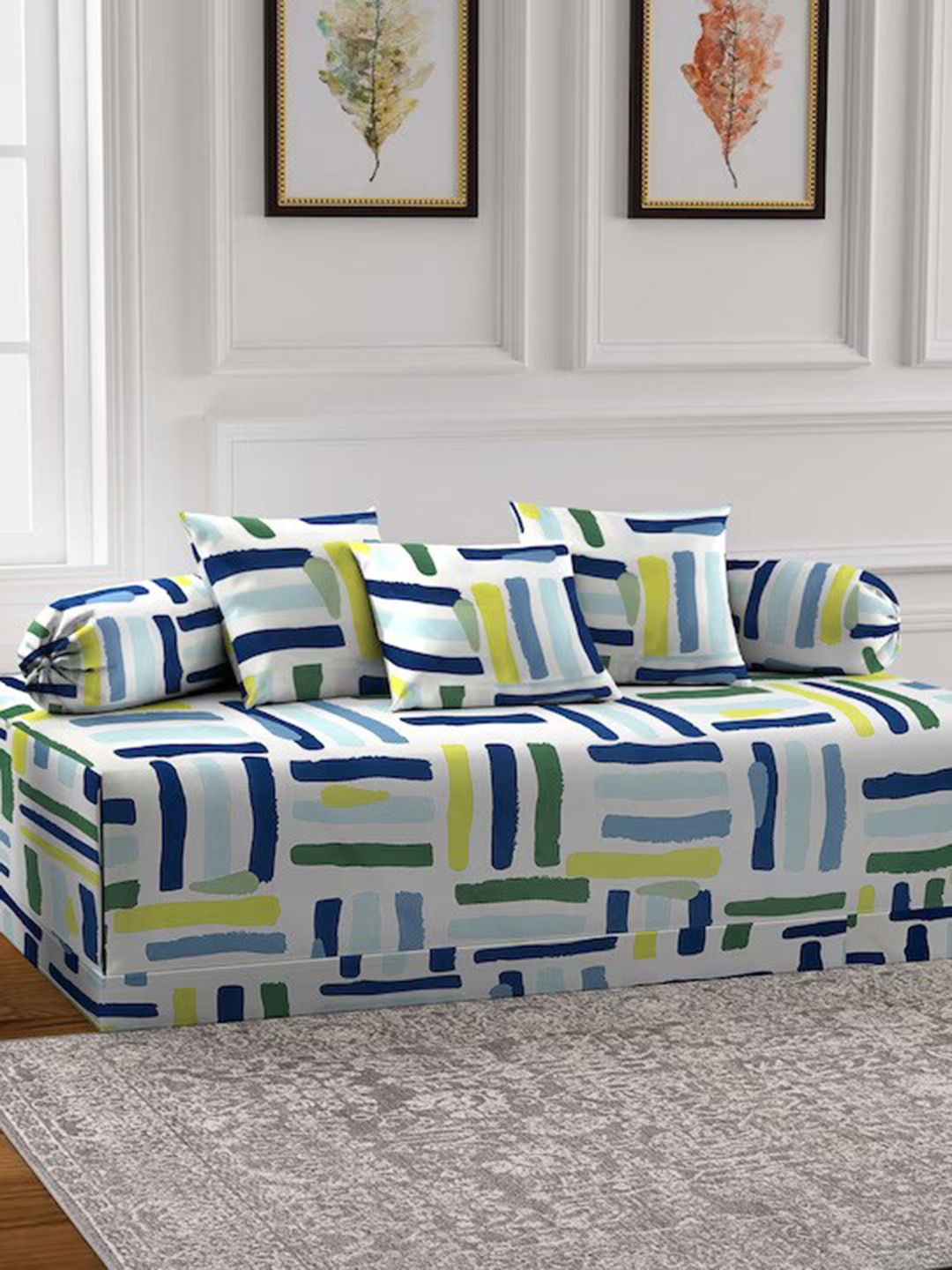 

DECOMIZER White & Blue 6 Pieces Printed Cotton Diwan Set