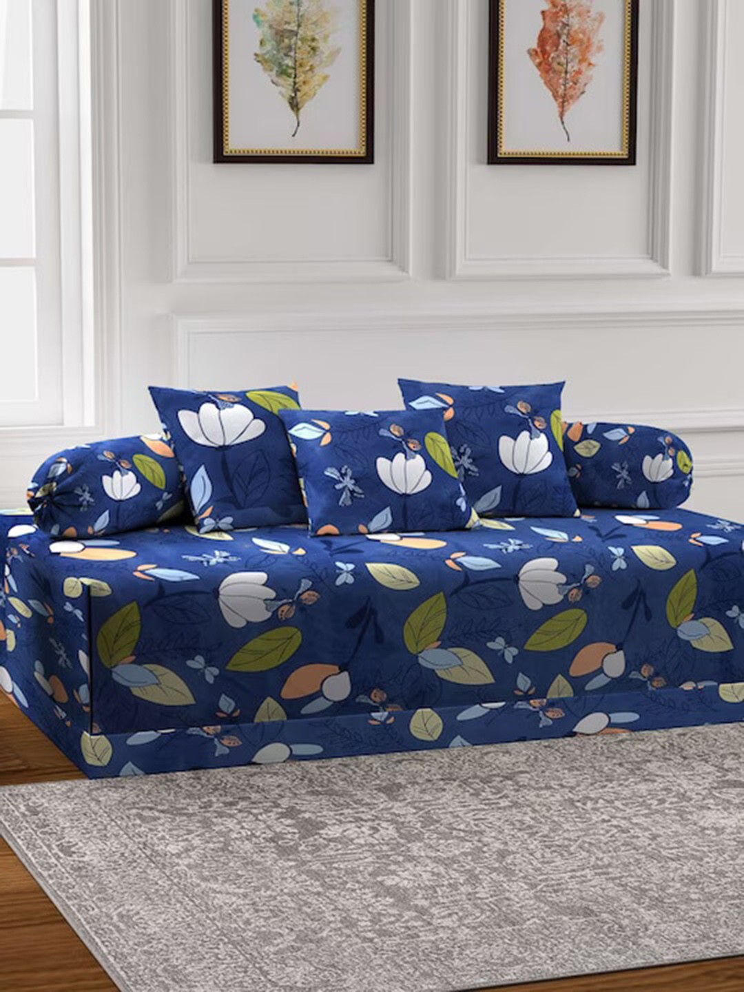 

DECOMIZER Navy-Blue & Green 6 Pieces Floral Printed Cotton Diwan Set