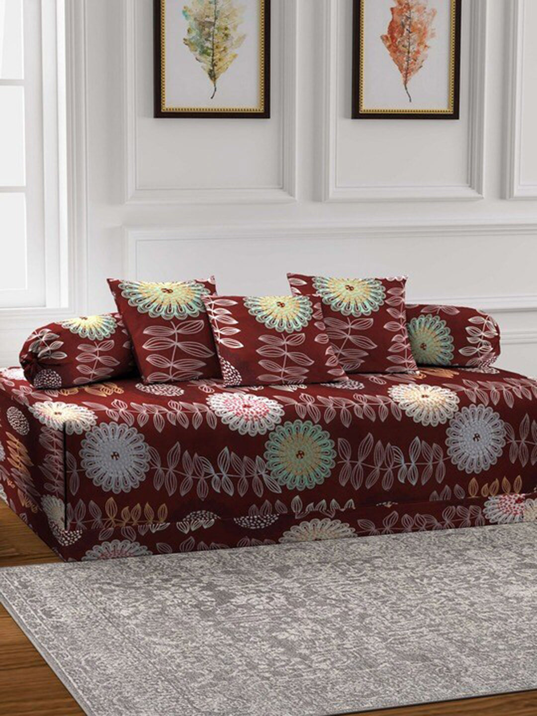 

DECOMIZER Brown & Green 6 Pieces Printed Cotton Diwan Set