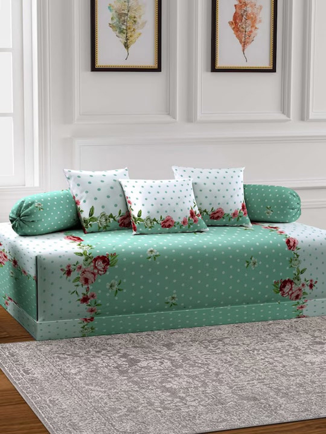 

DECOMIZER Green & White 6 Pieces Printed Cotton Diwan Set