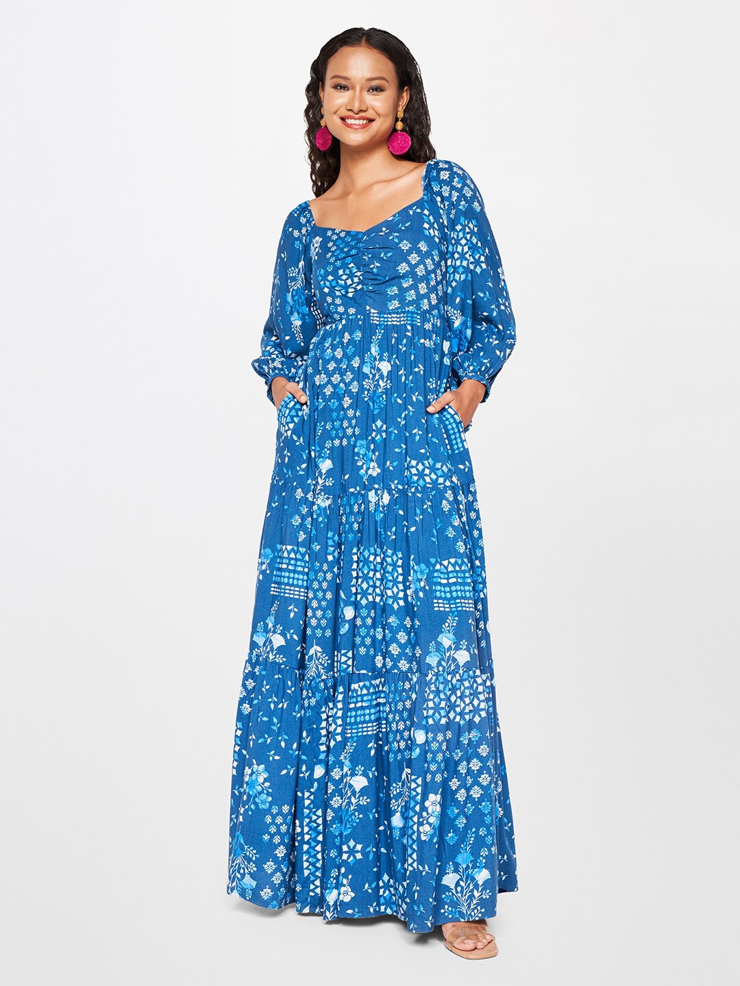 

Global Desi Ethnic Motifs Printed Gathered Or Pleated A Line Maxi Dress, Blue