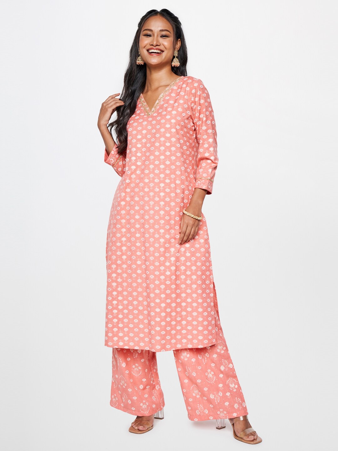 

Global Desi Ethnic Motifs Printed Kurta With Palazzo, Coral