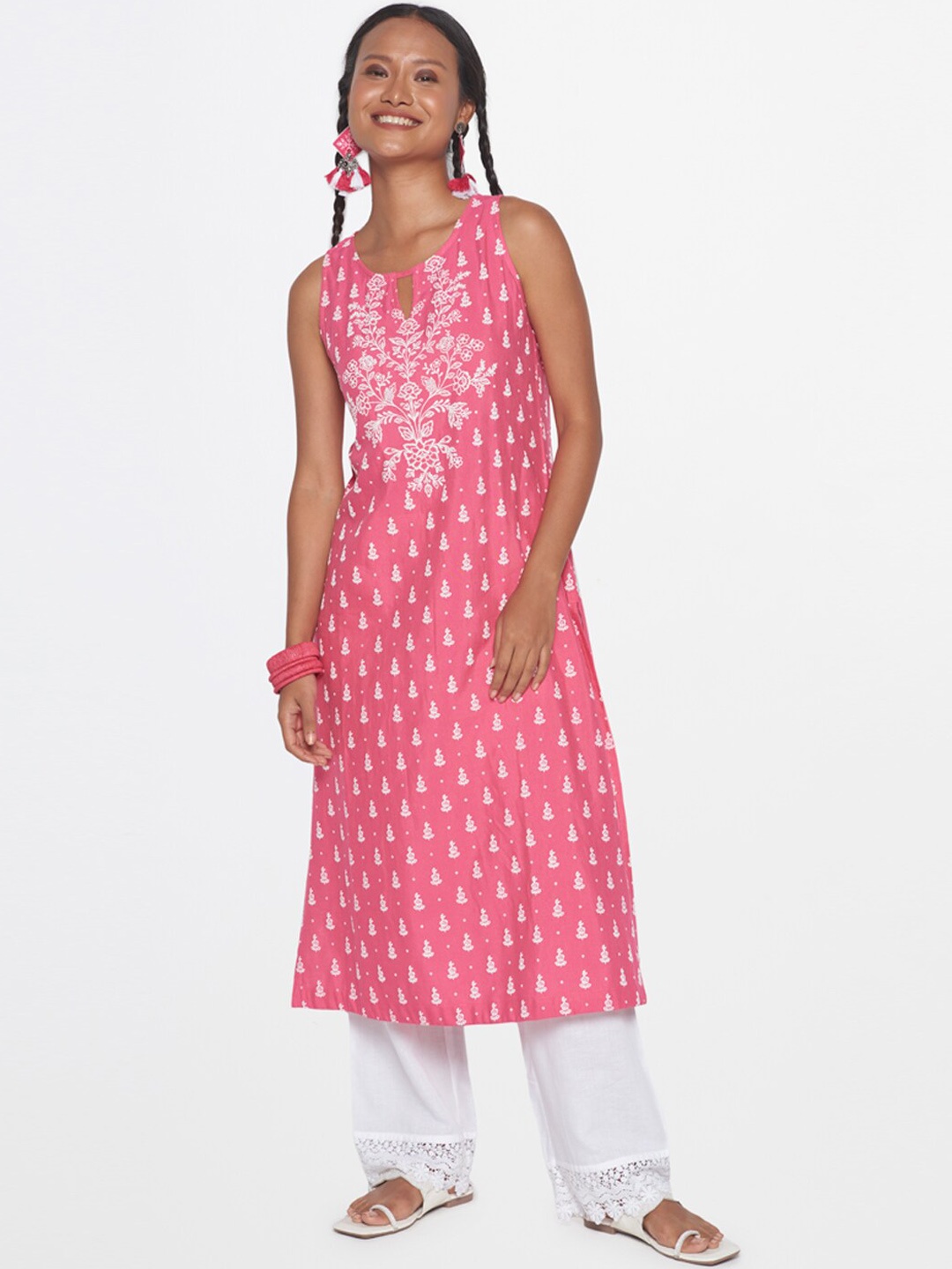 Global Desi Floral Embroidered Keyhole Neck Straight Kurta, Pink