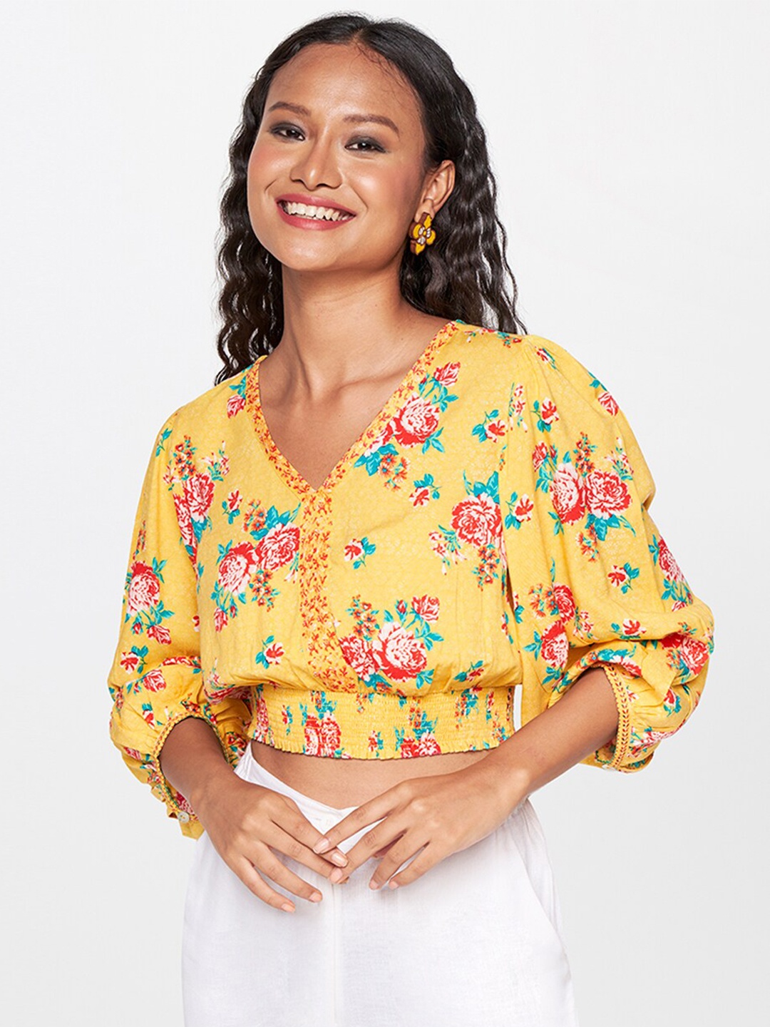 

Global Desi Floral Printed Puff Sleeves Crop Blouson Top, Yellow