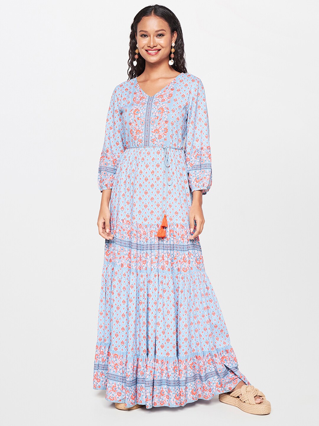 

Global Desi Floral Printed Tie Ups Maxi Dress, Blue