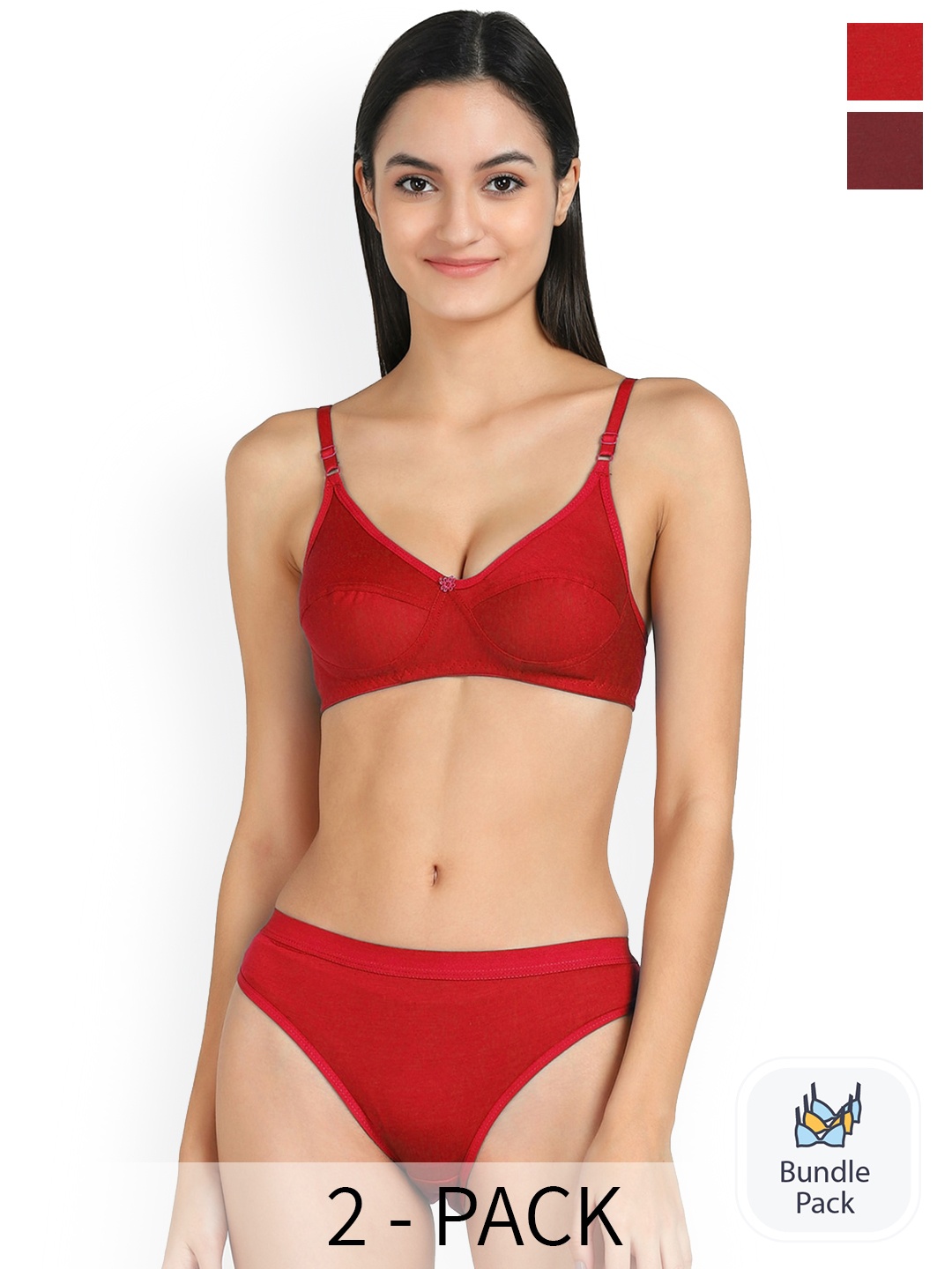 

PIBU Pack Of 2 Mid-Rise Non Padded Cotton Lingerie Set FC_Ruchi Set_Maroon,Red_30