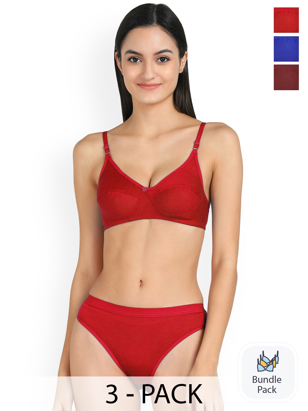 

PIBU Pack Of 3 Cotton Lingerie Set, Red