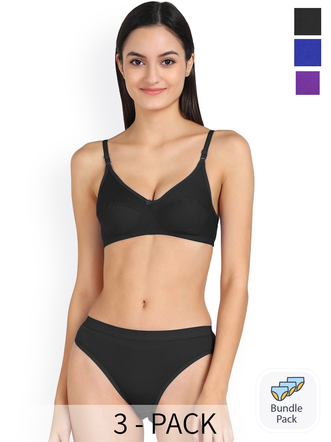 

PIBU Pack Of 3 Cotton Lingerie Set, Black