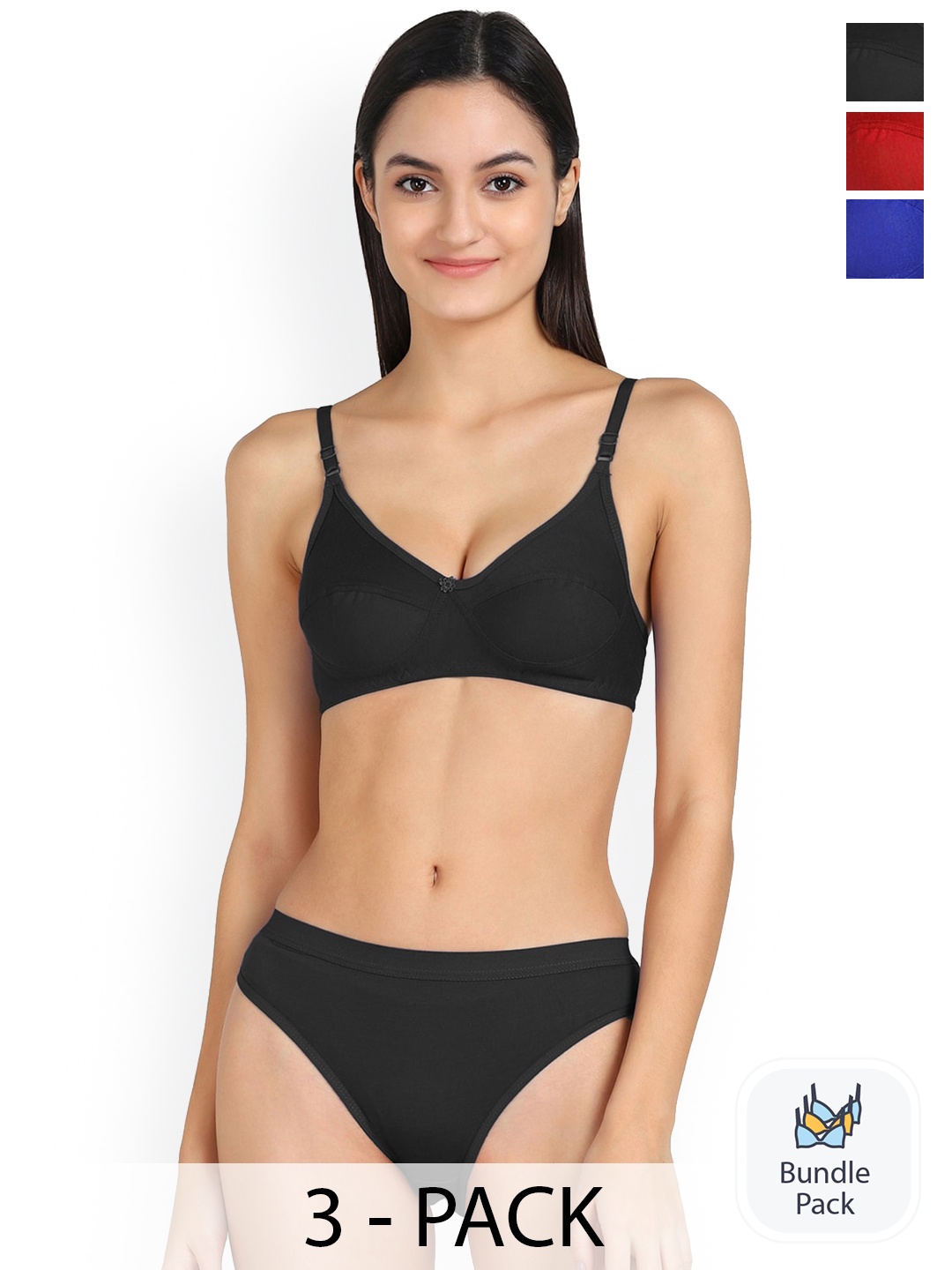 

PIBU Pack Of 3 Cotton Lingerie Set, Black