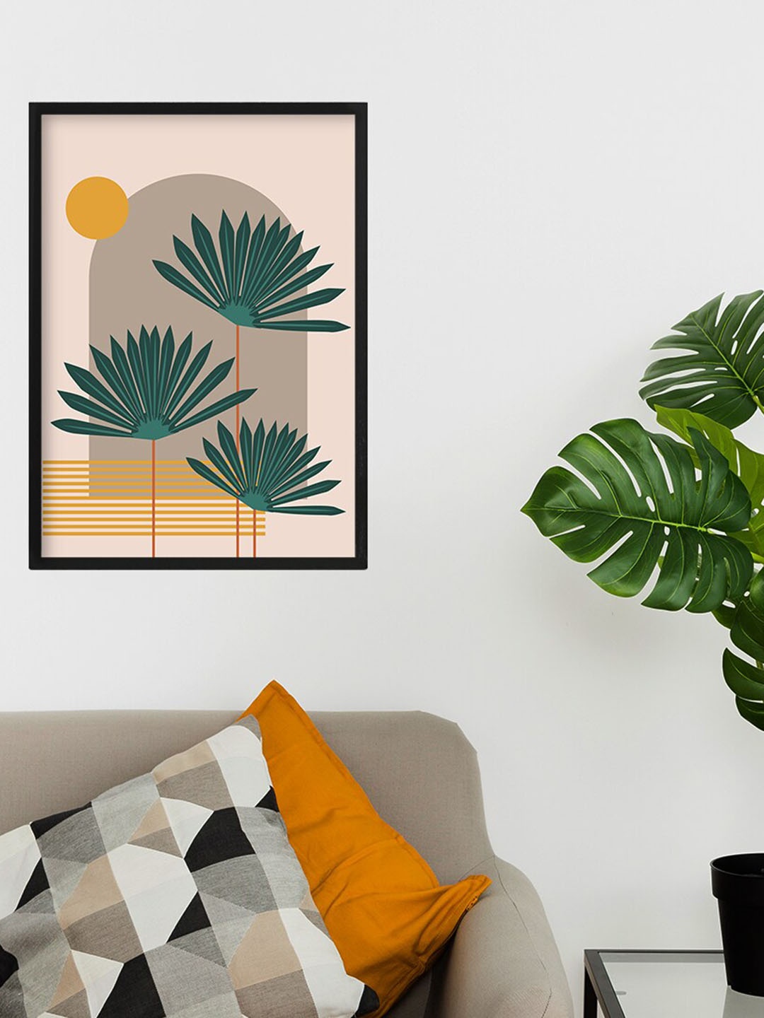 

Happening Hippo Beige & Green Palm Levaed Painted Framed Wall Art