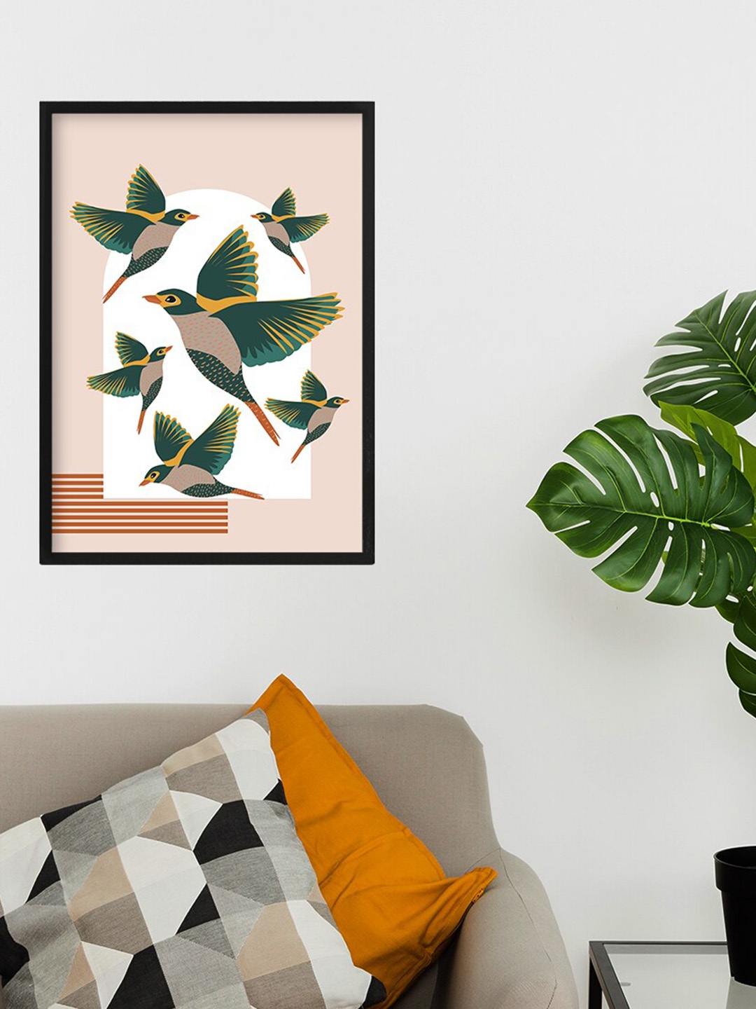 

Happening Hippo Green & Orange-color Birds Printed Framed Wall Art, Rose