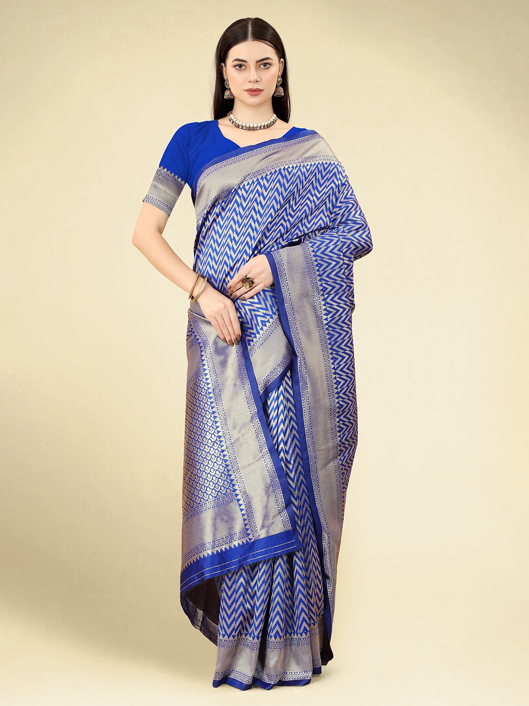 

DWIZA ENTERPRISE Geometric Woven Design Zari Detailed Banarasi Saree, Blue