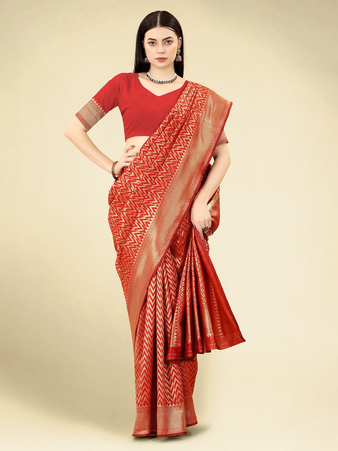 

DWIZA ENTERPRISE Ethnic Motifs Woven Design Zari Art Silk Banarasi Saree, Red
