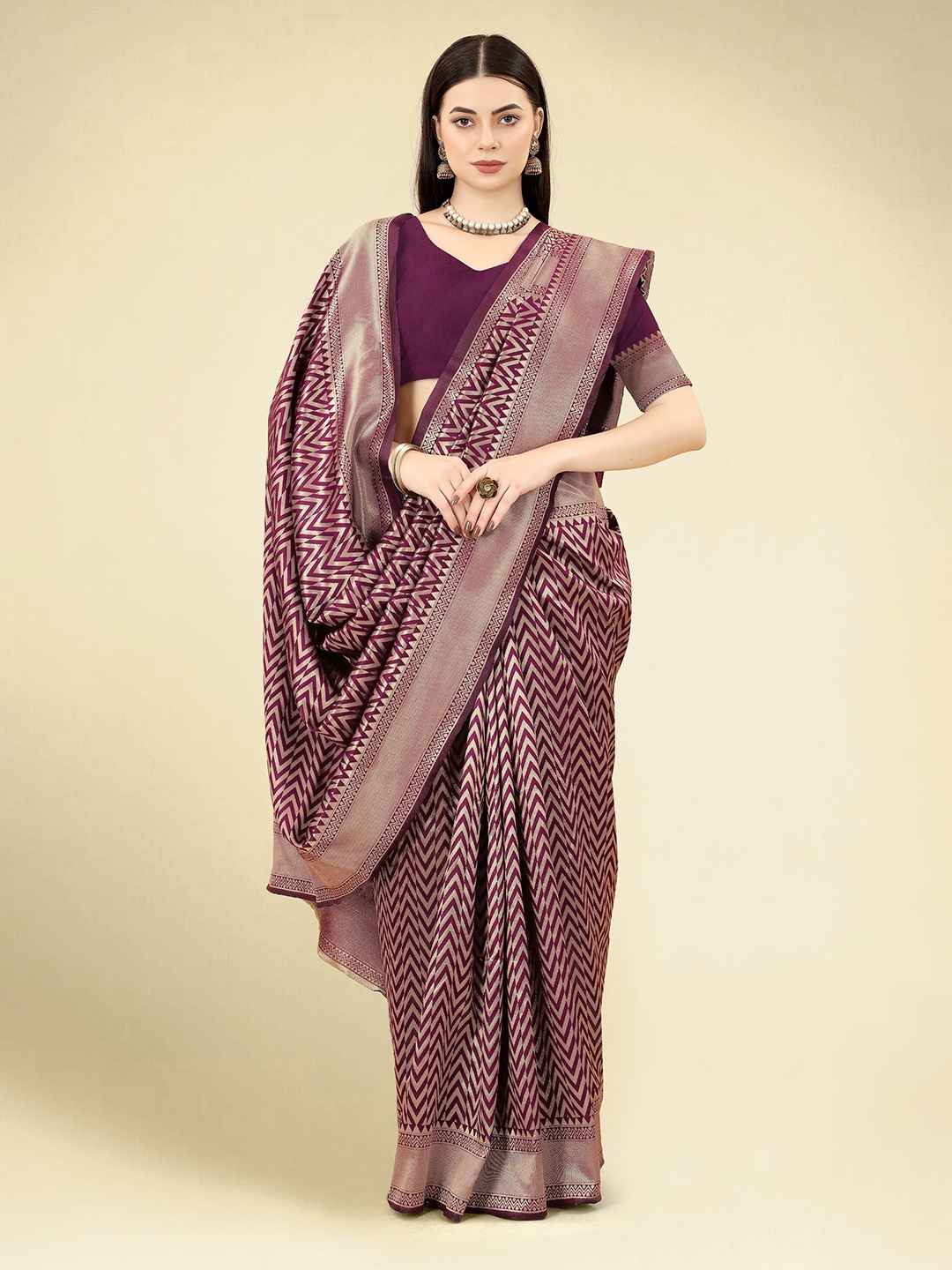 

DWIZA ENTERPRISE Ethnic Motifs Woven Design Zari Art Silk Banarasi Saree, Purple