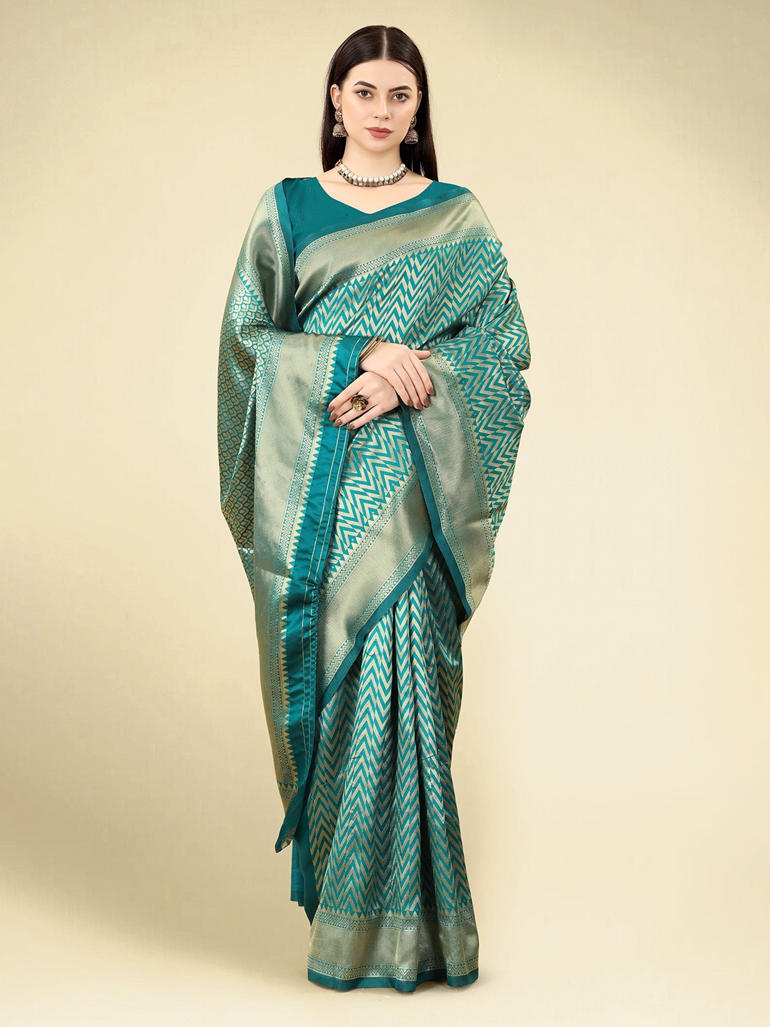 

DWIZA ENTERPRISE Ethnic Motifs Woven Design Zari Art Silk Banarasi Saree, Teal