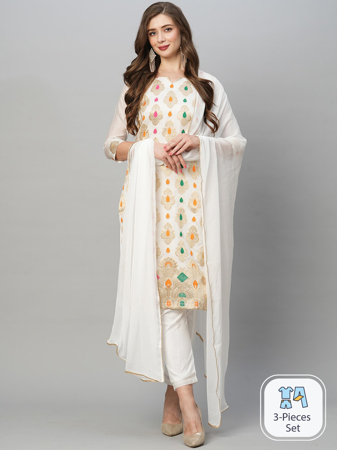 

KALINI Ethnic Motifs Woven Design Straight Kurta With Trousers & Dupatta, White