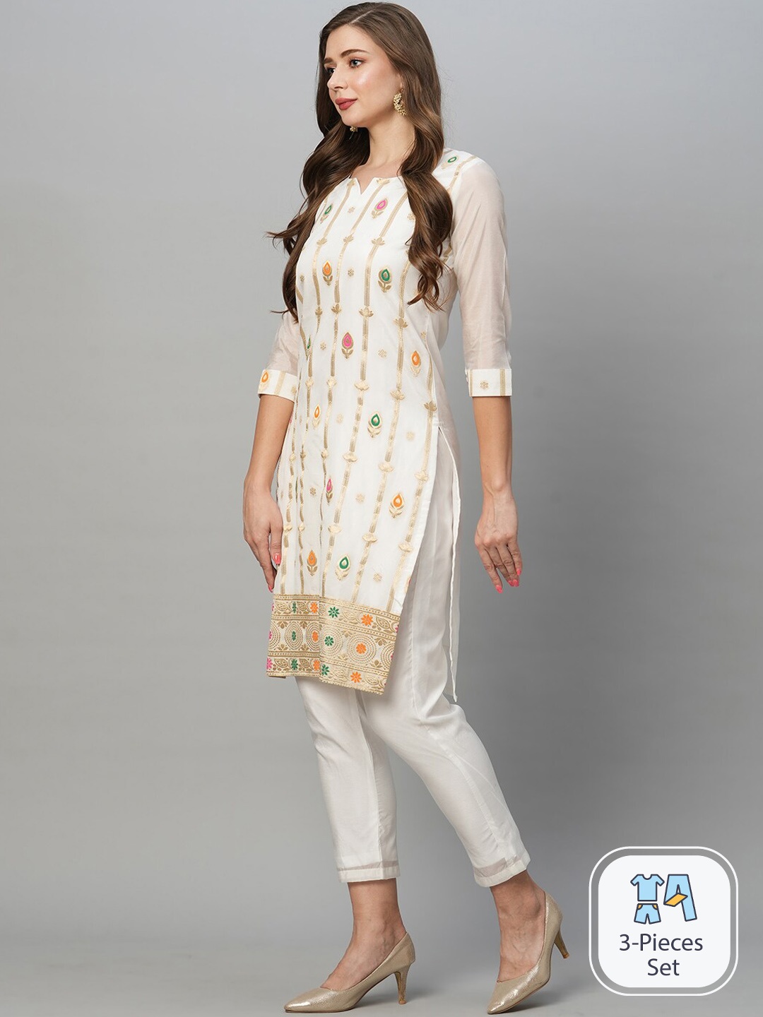 

KALINI Ethnic Motifs Woven Design Zari Regular Kurta With Trousers & Dupatta, White