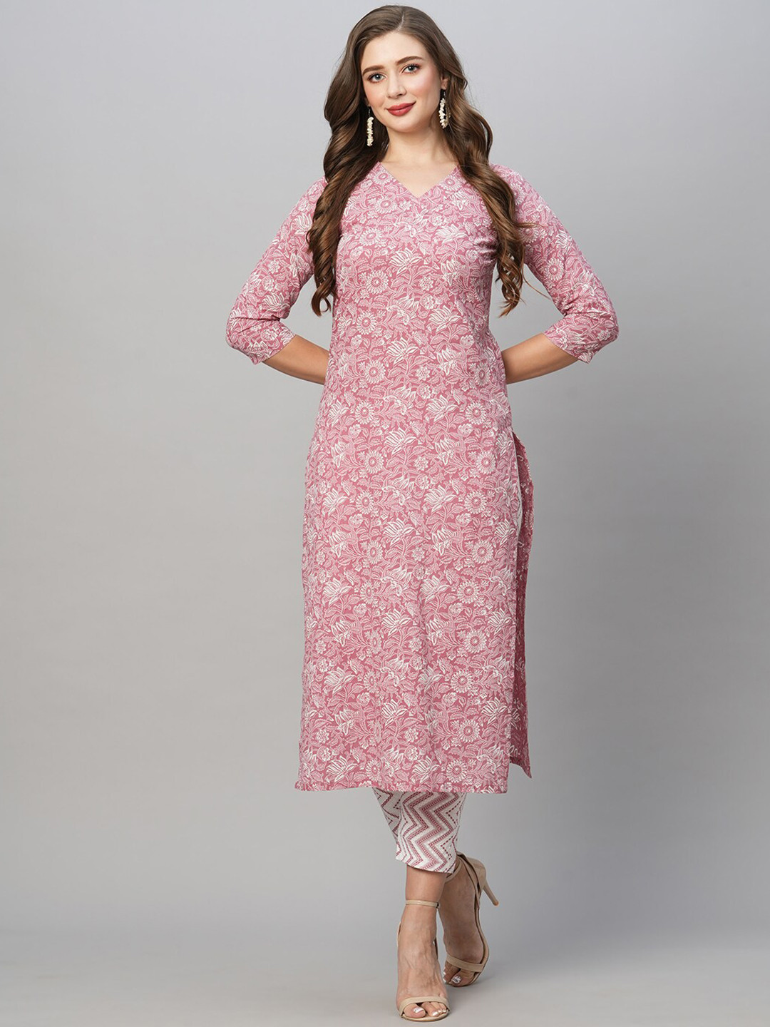 

KALINI Floral Printed Regular Kurta With Trousers, Pink
